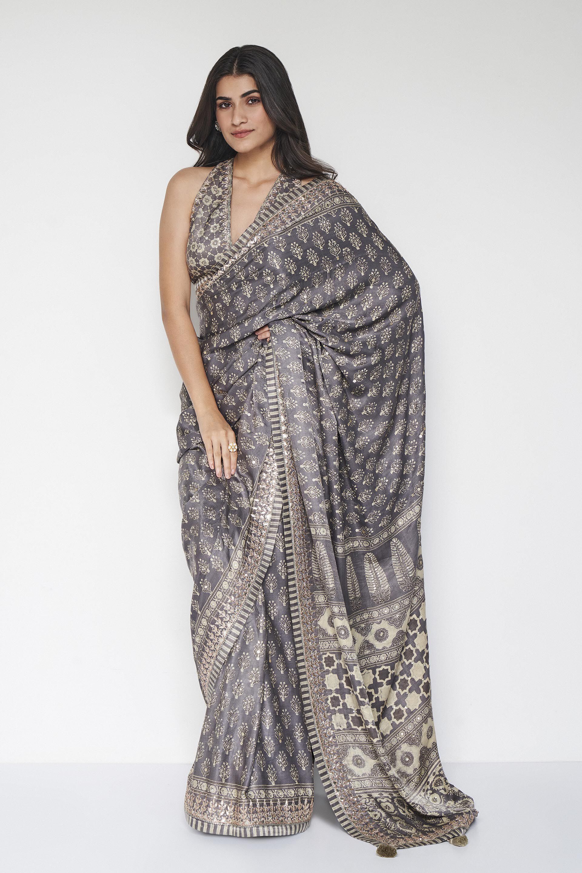 Ranjeeta Ajrakh Hand-block Printed Silk Saree - Grey, Grey, image 3