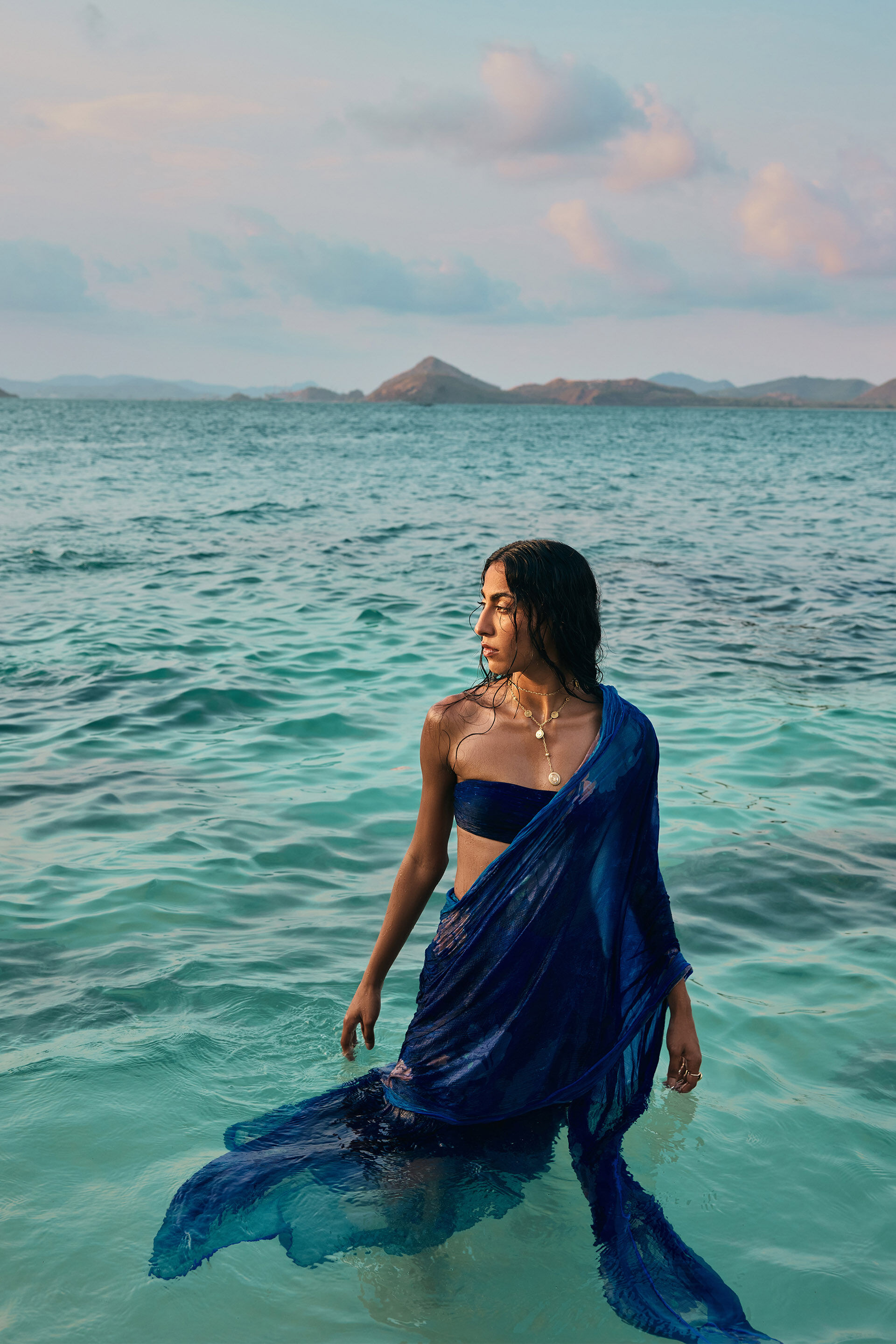 Watersculpt Chiffon Saree, Blue, image 3