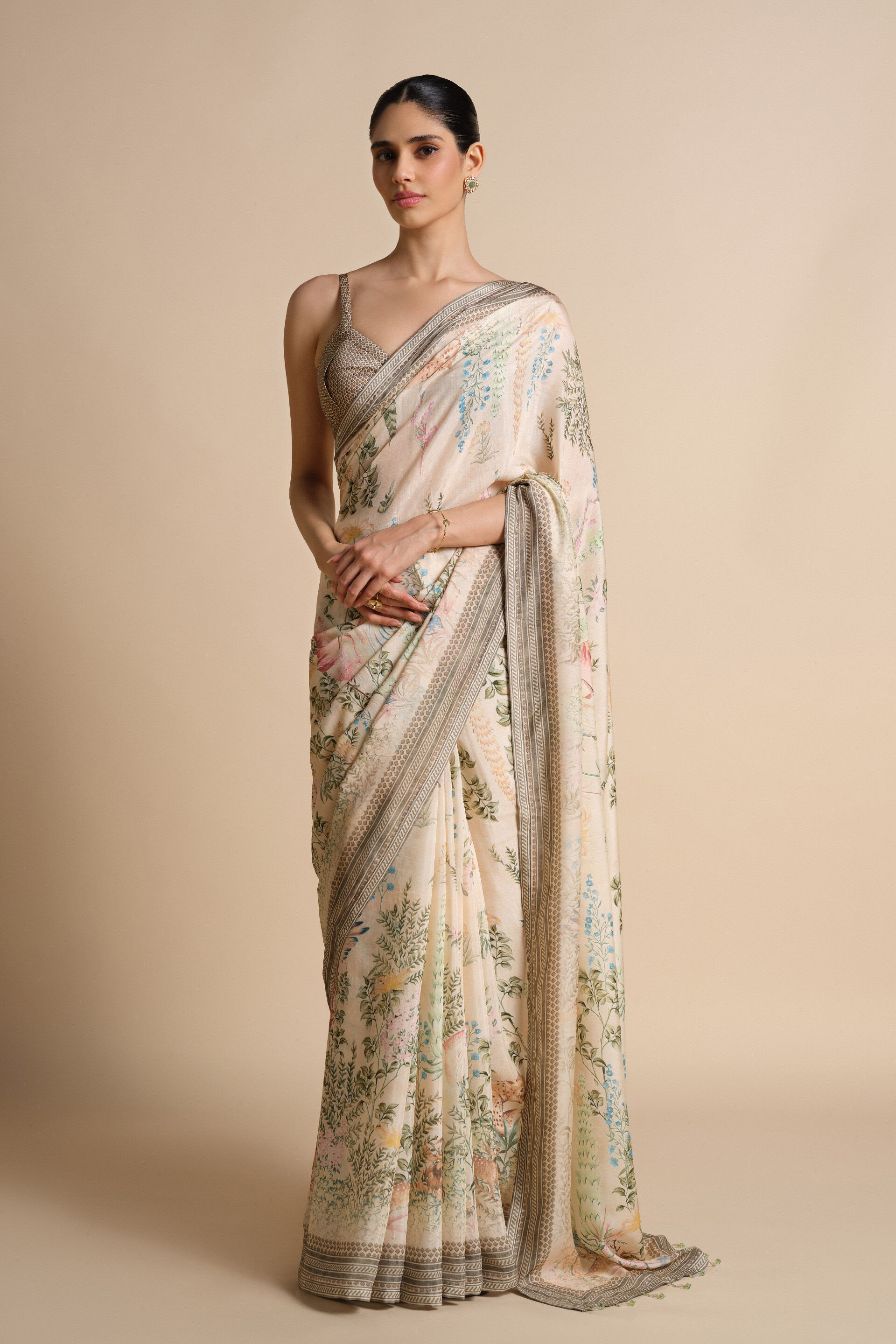 Romney Printed Saree - Natural, Natural, image 1