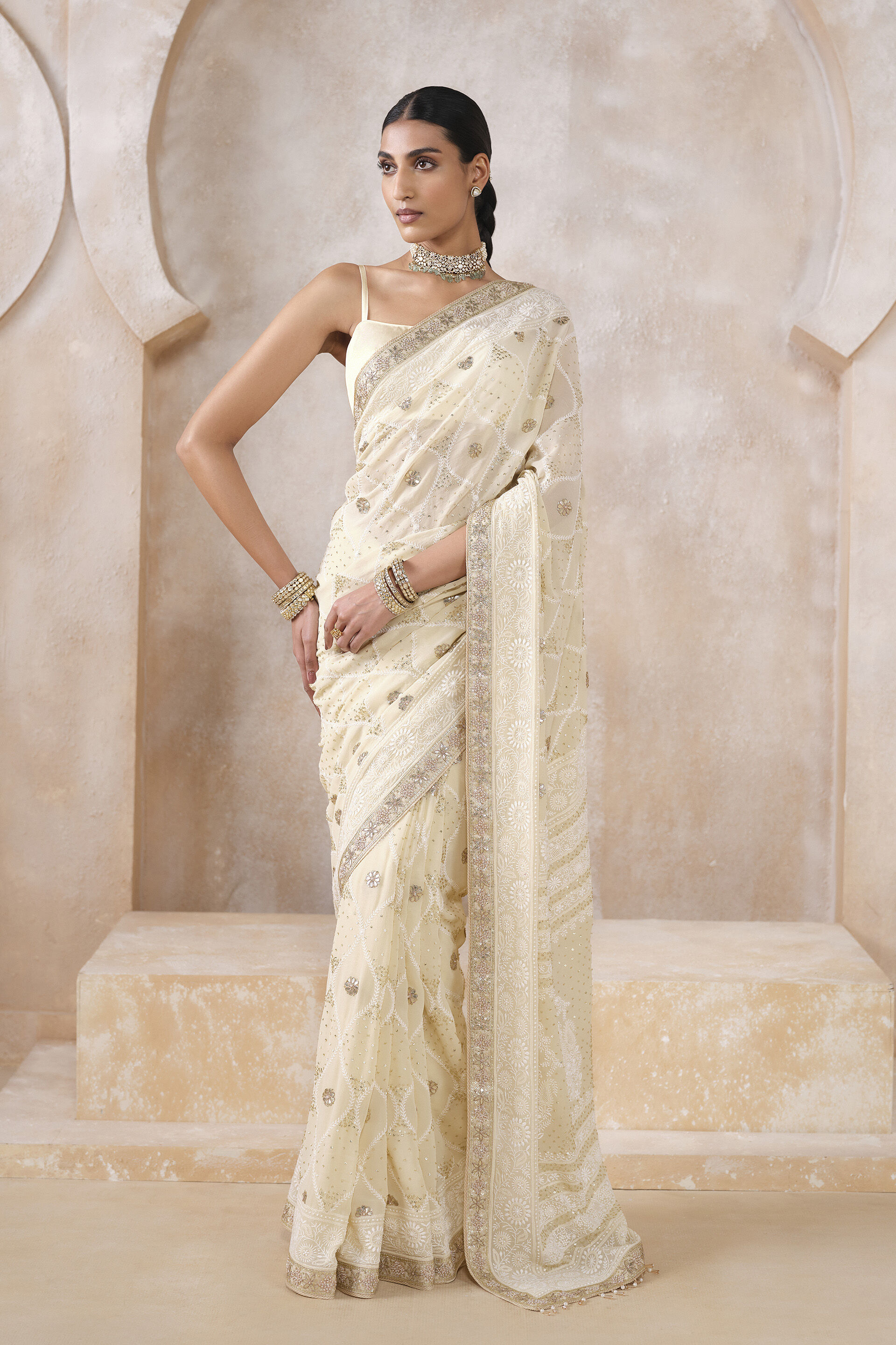 Sharika Hand-embroidered Chikankari Silk Saree - Beige