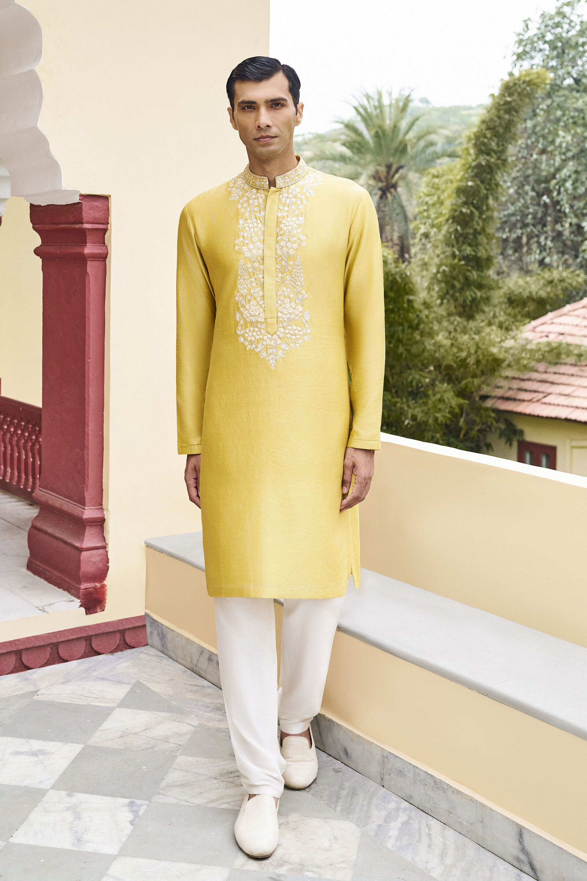 Sun-dappled Embroidered Mul Kurta - Mustard, Mustard, image 1
