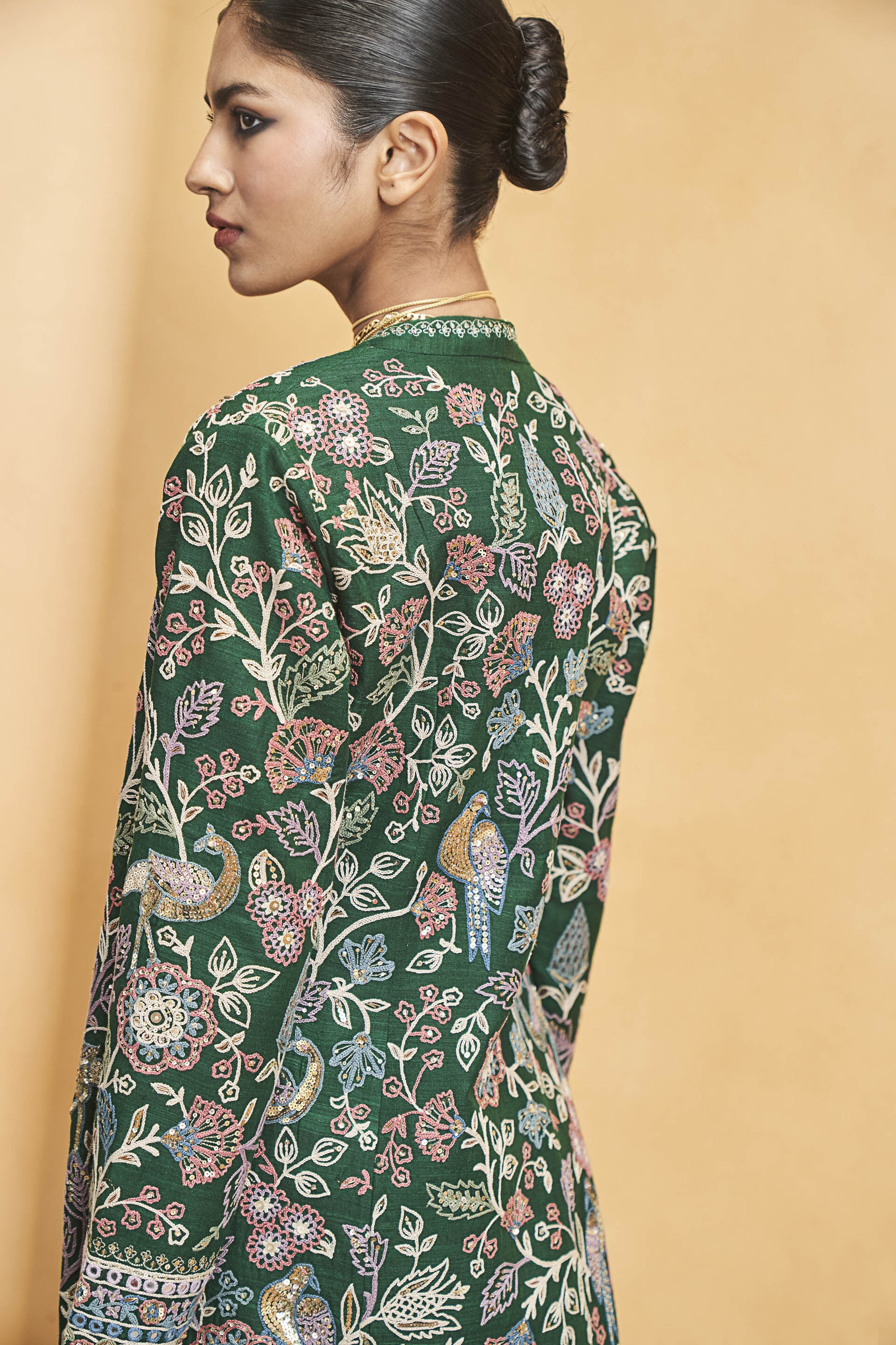 Blooming Wildforest SEWA Hand-embroidered Silk Jacket Set - Green