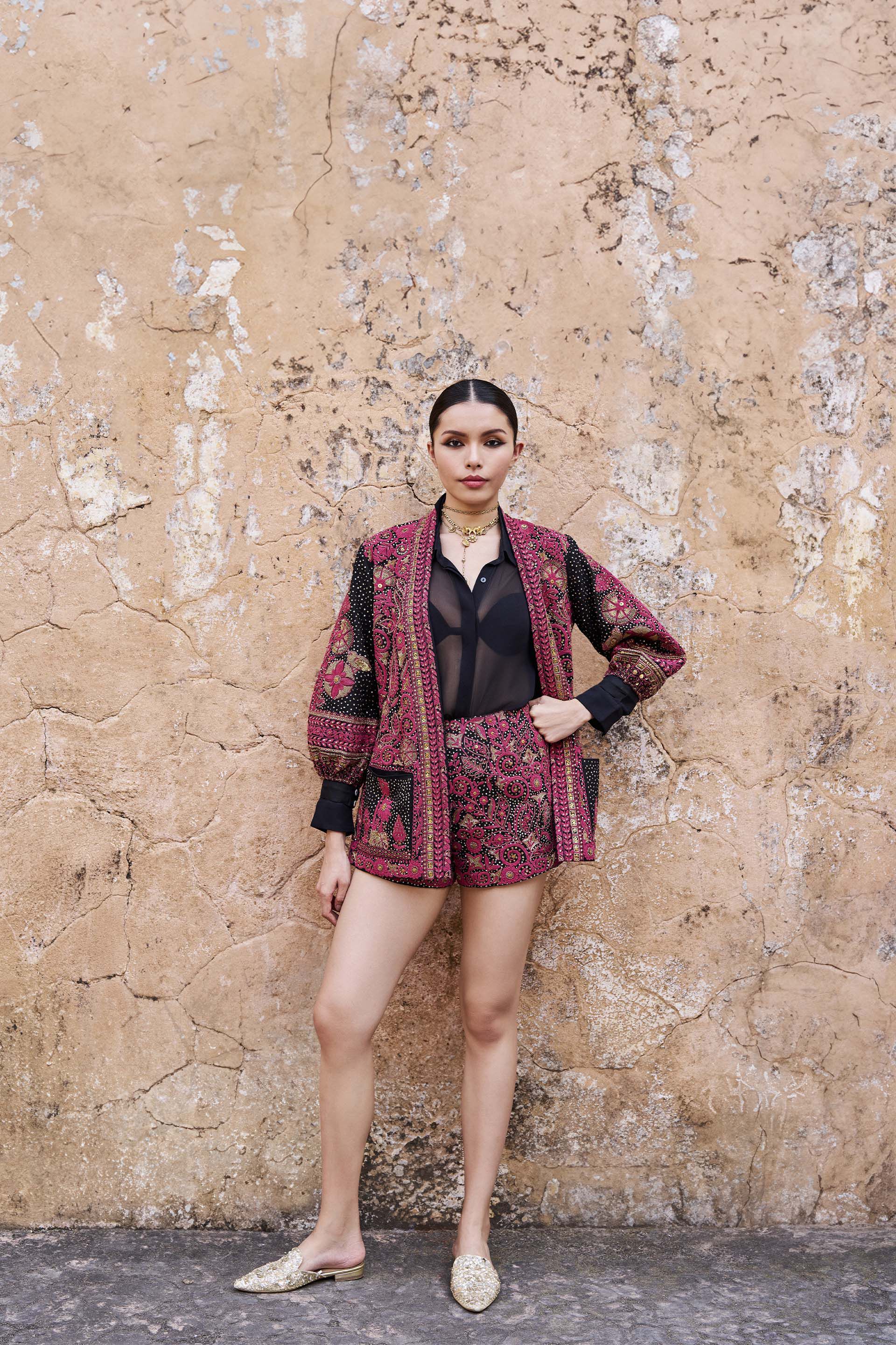 Nocturnal Wilderness Zardozi & Embroidered Cord Silk Jacket Set - Black, Black, image 1