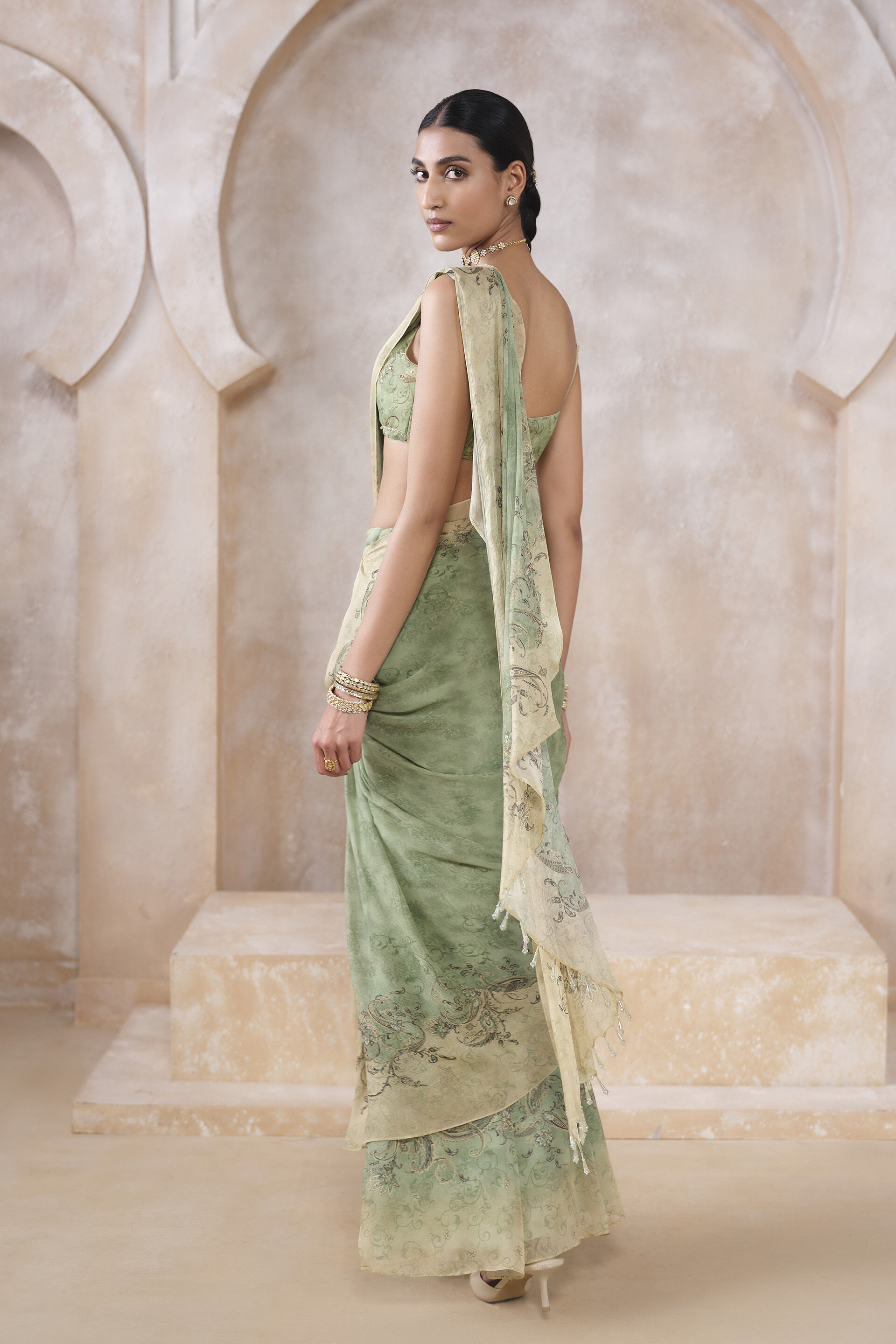 Lizbet Sequin Chiffon Pre-draped Saree - Green, Green, image 3