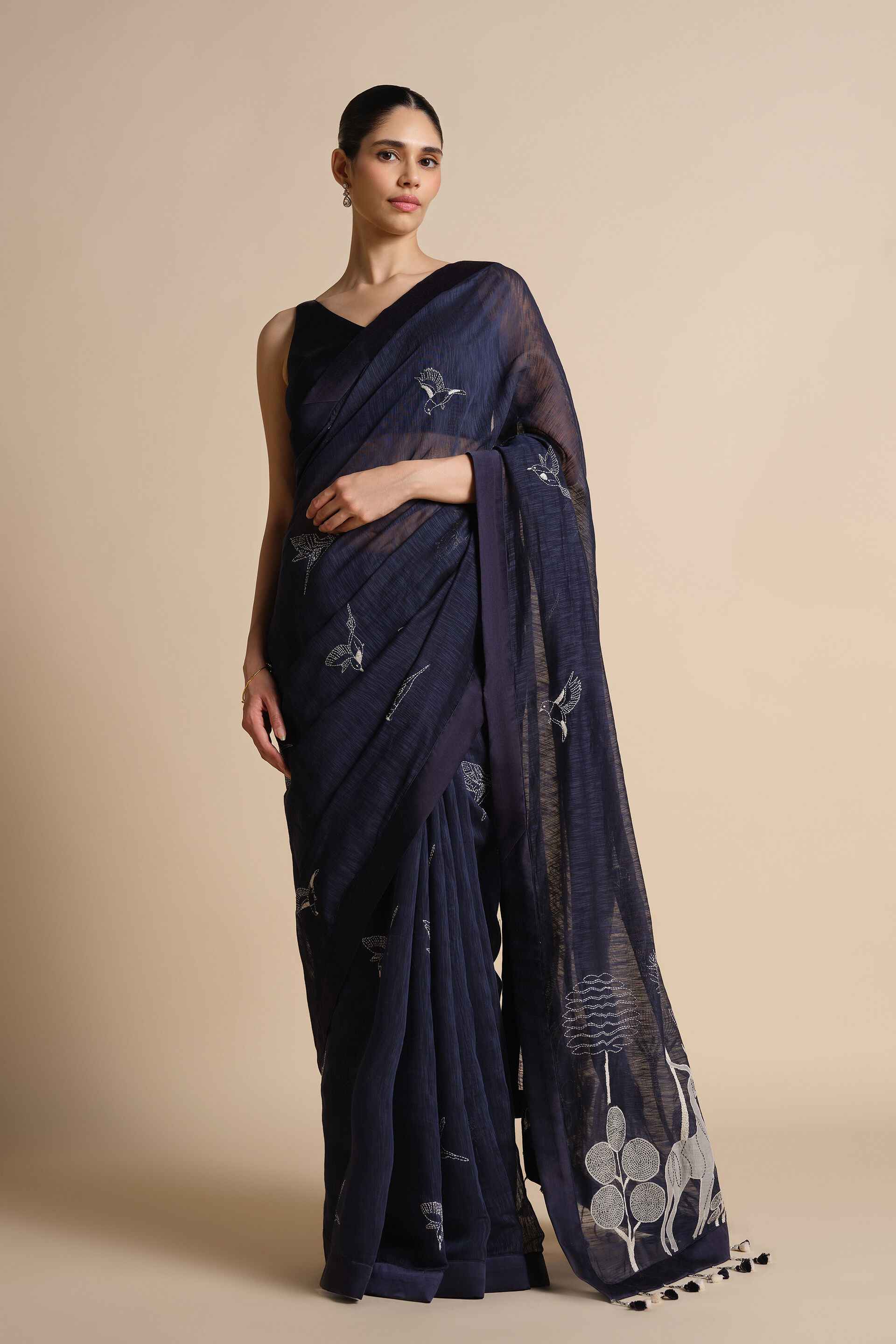 Shahaf Hand-embroidered Kantha Saree - Indigo, Indigo, image 1