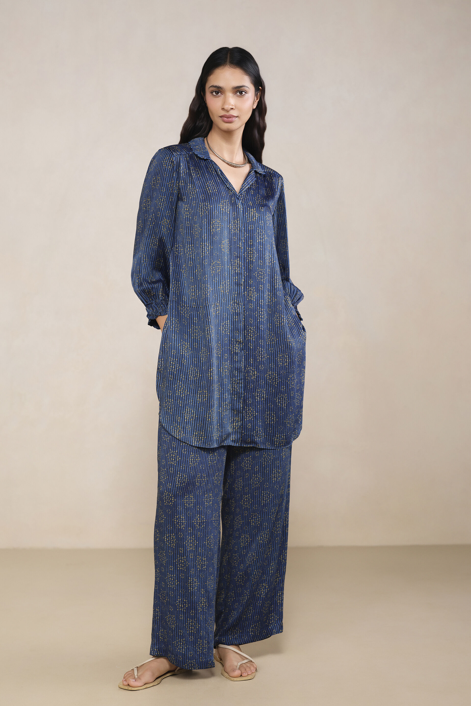 Moda Ajrakh Hand-block Printed Co-ord in Blue, Blue, image 1