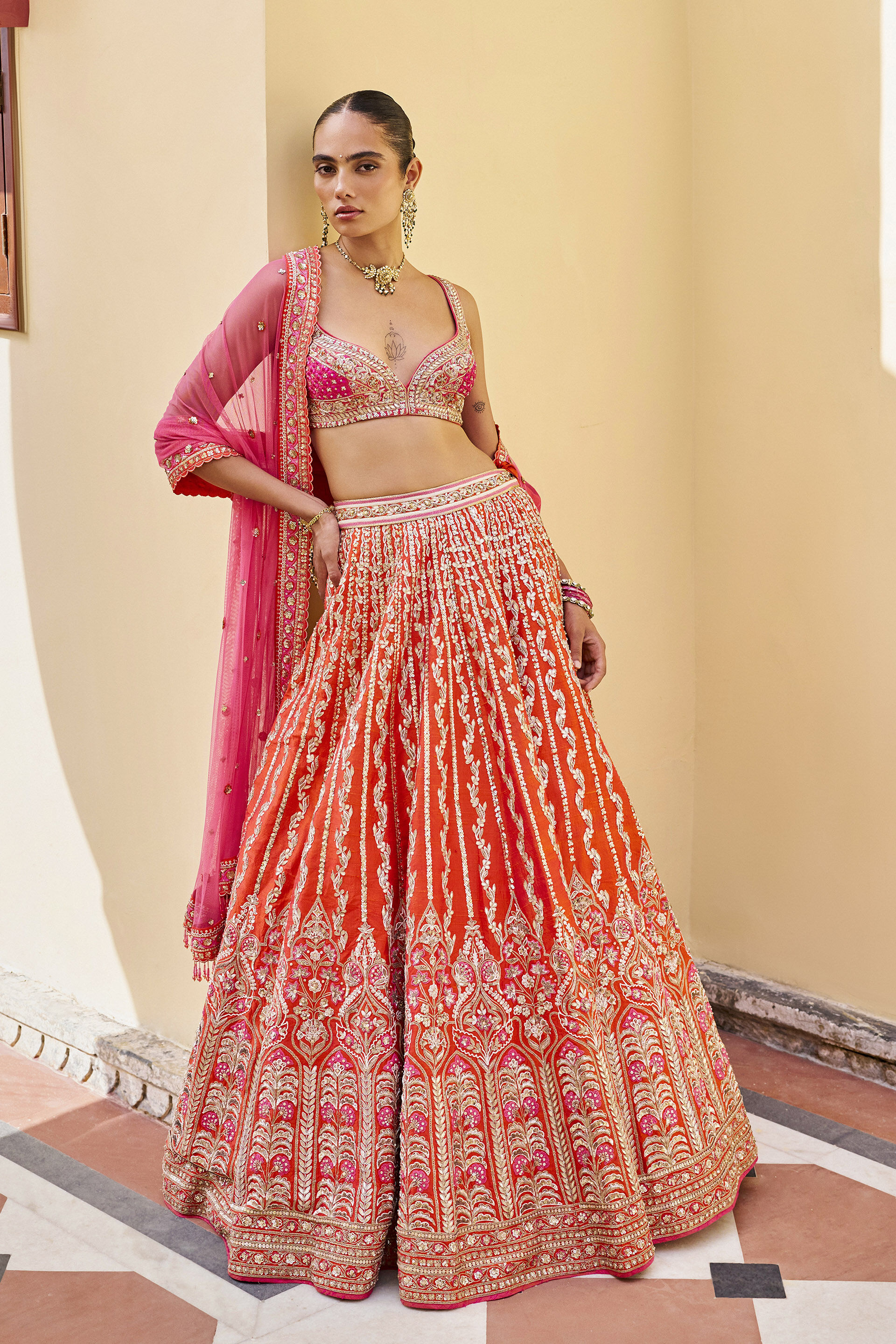 Vow Embroidered Zardozi Silk Lehenga Set - ​Orange