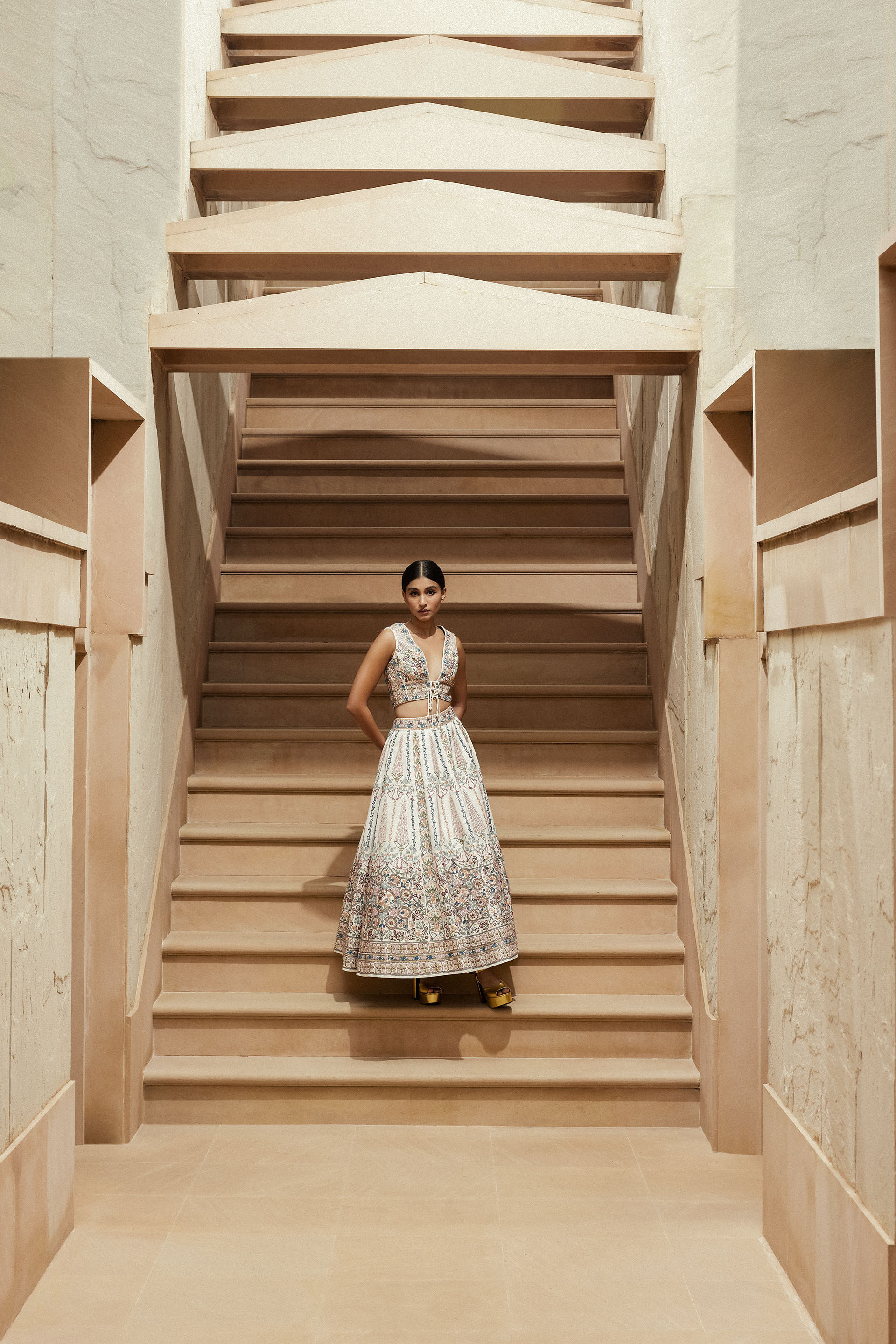 Alakana SEWA Hand-embroidered Silk Skirt Set - Ivory, Ivory, image 5