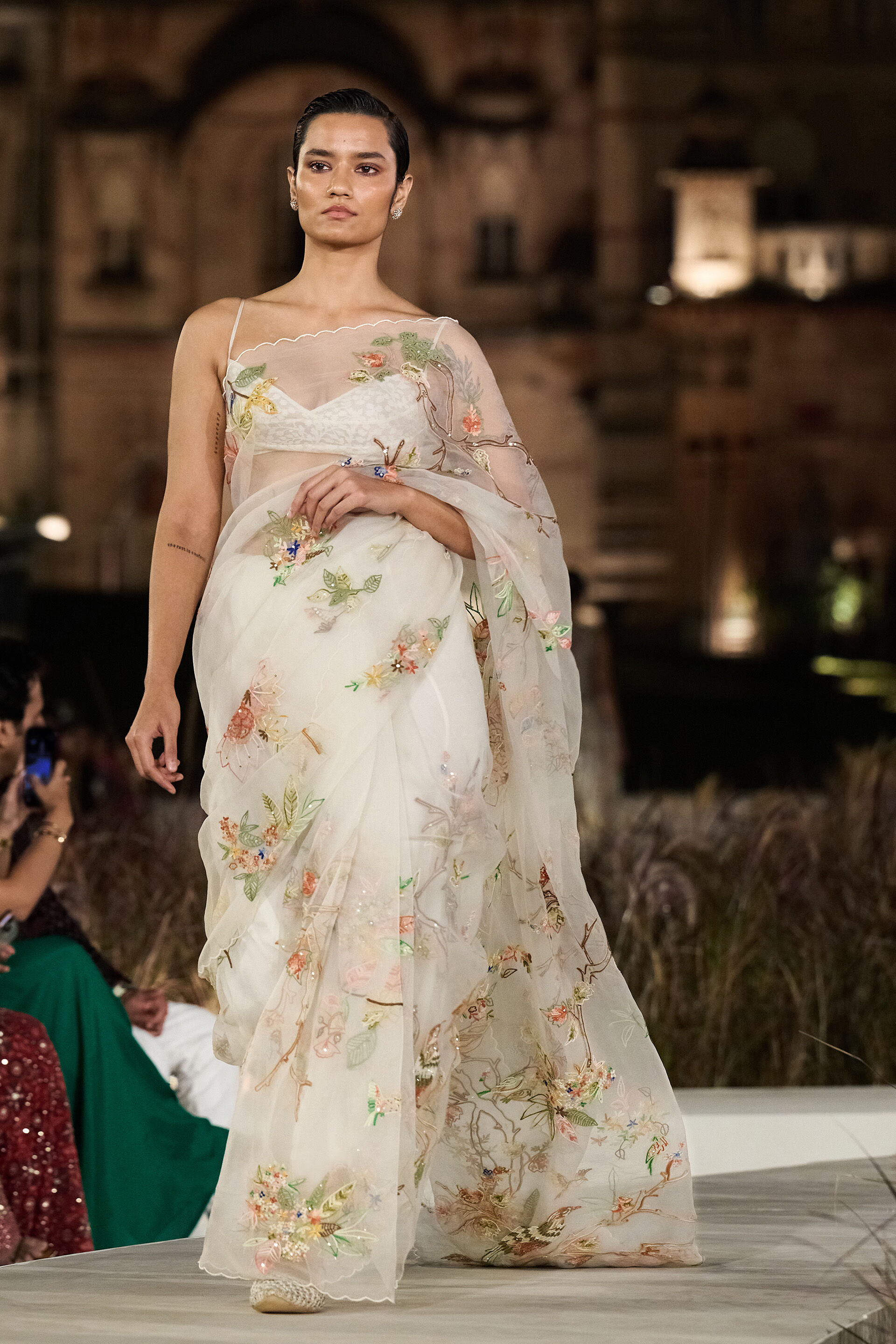 Springbloom Hand-embroidered SEWA Silk Saree - Ivory