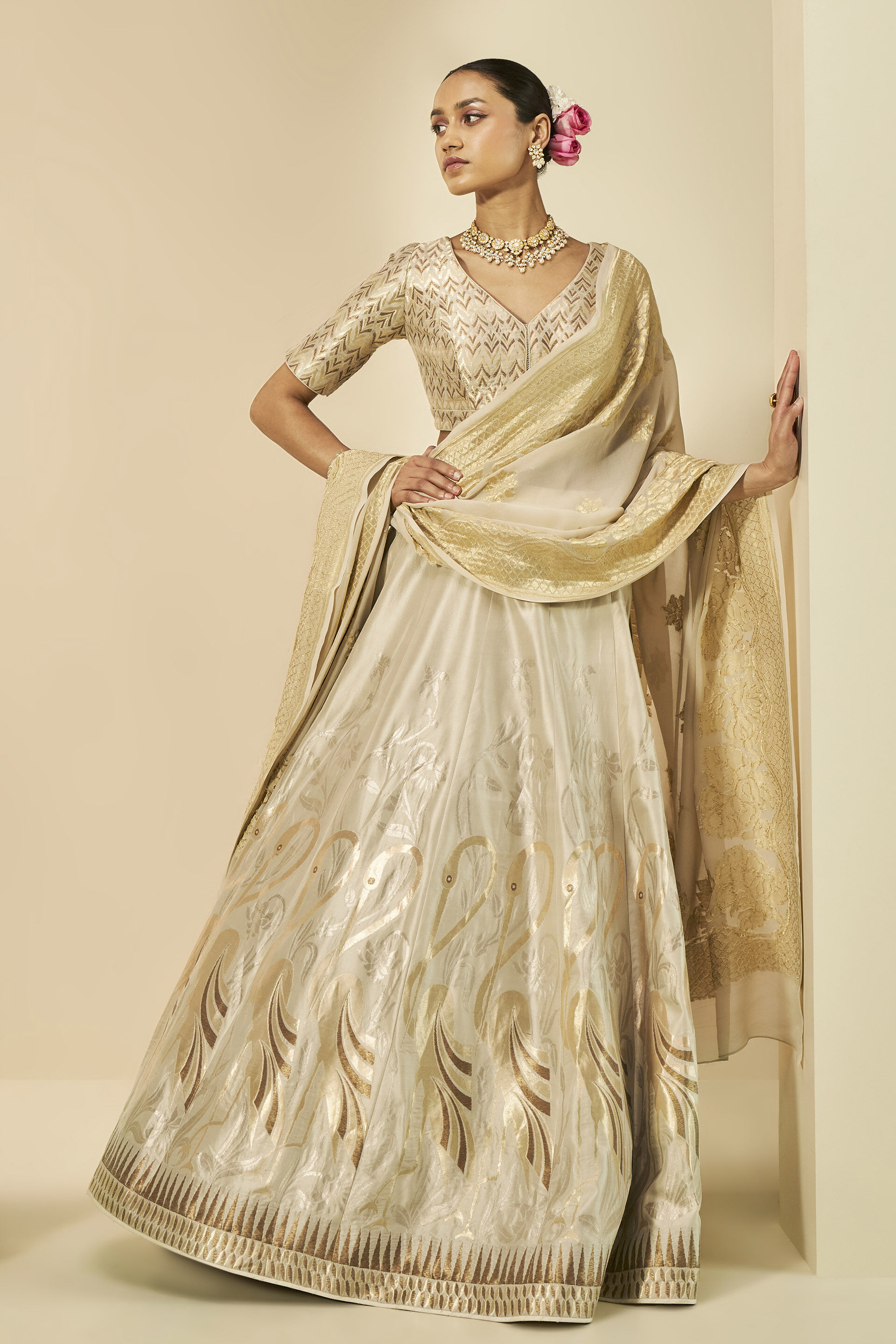 Kehkashan Benarasi Silk Lehanga Set - Gold, Gold, image 1