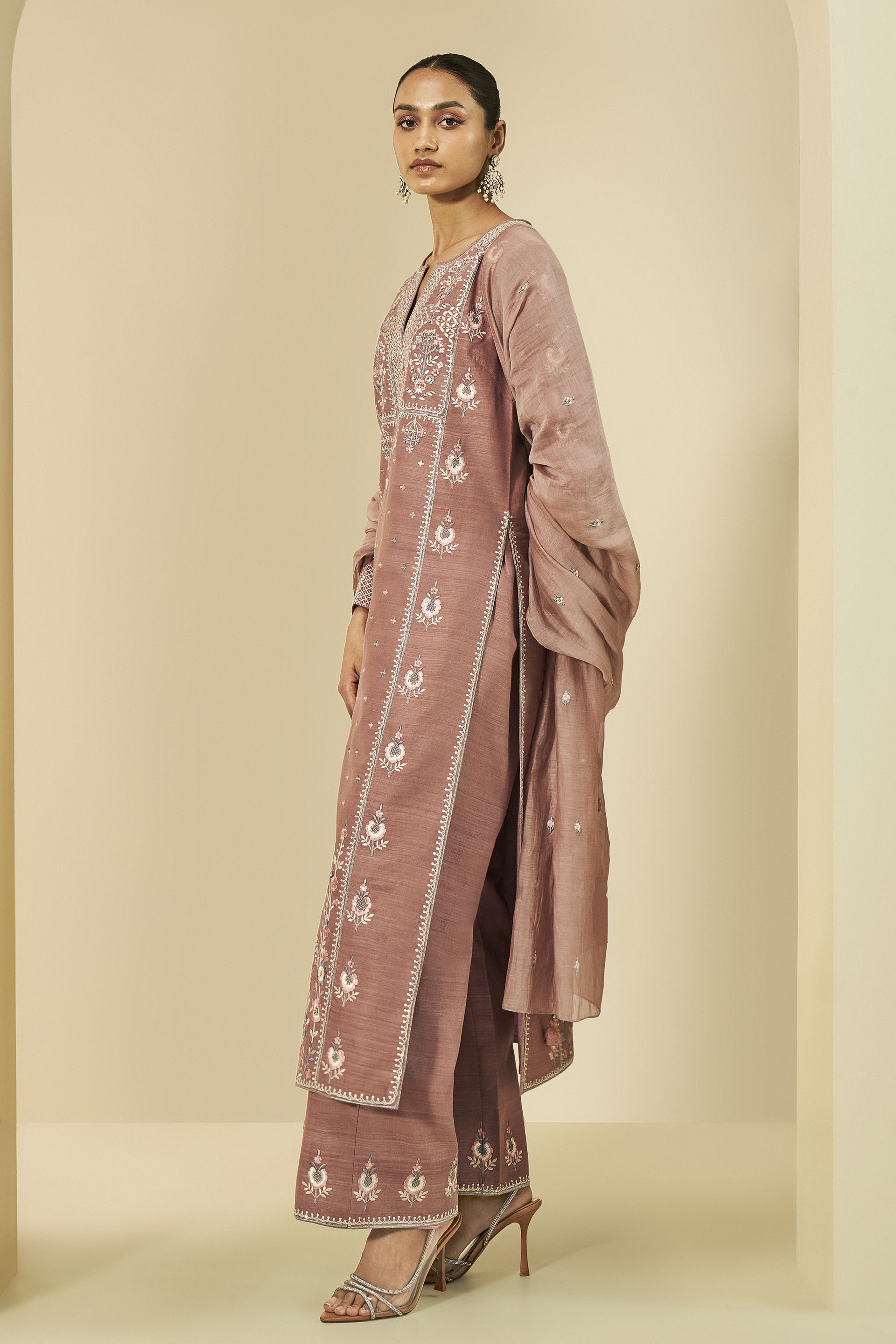 Roseline Embroidered Silk Suit Set, Old Rose, image 2