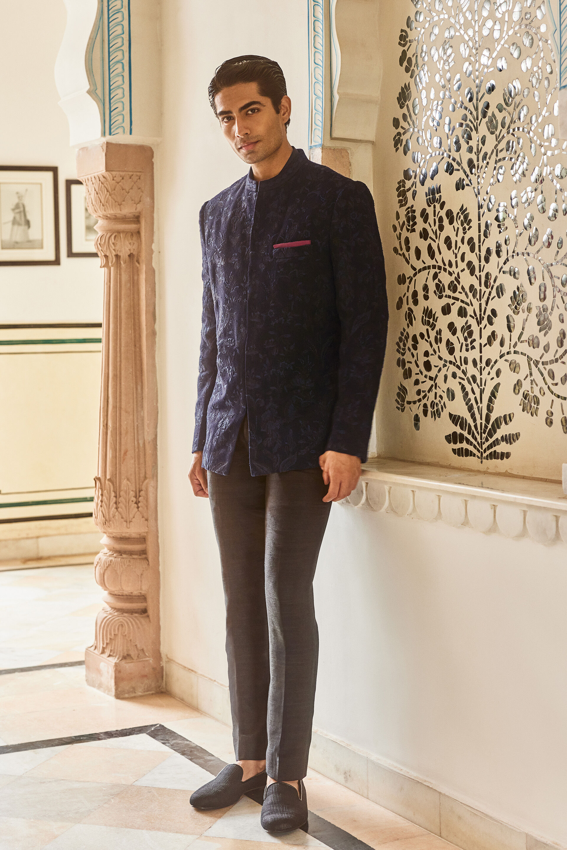 Nishay Embroidered Silk Bandhgala - Navy