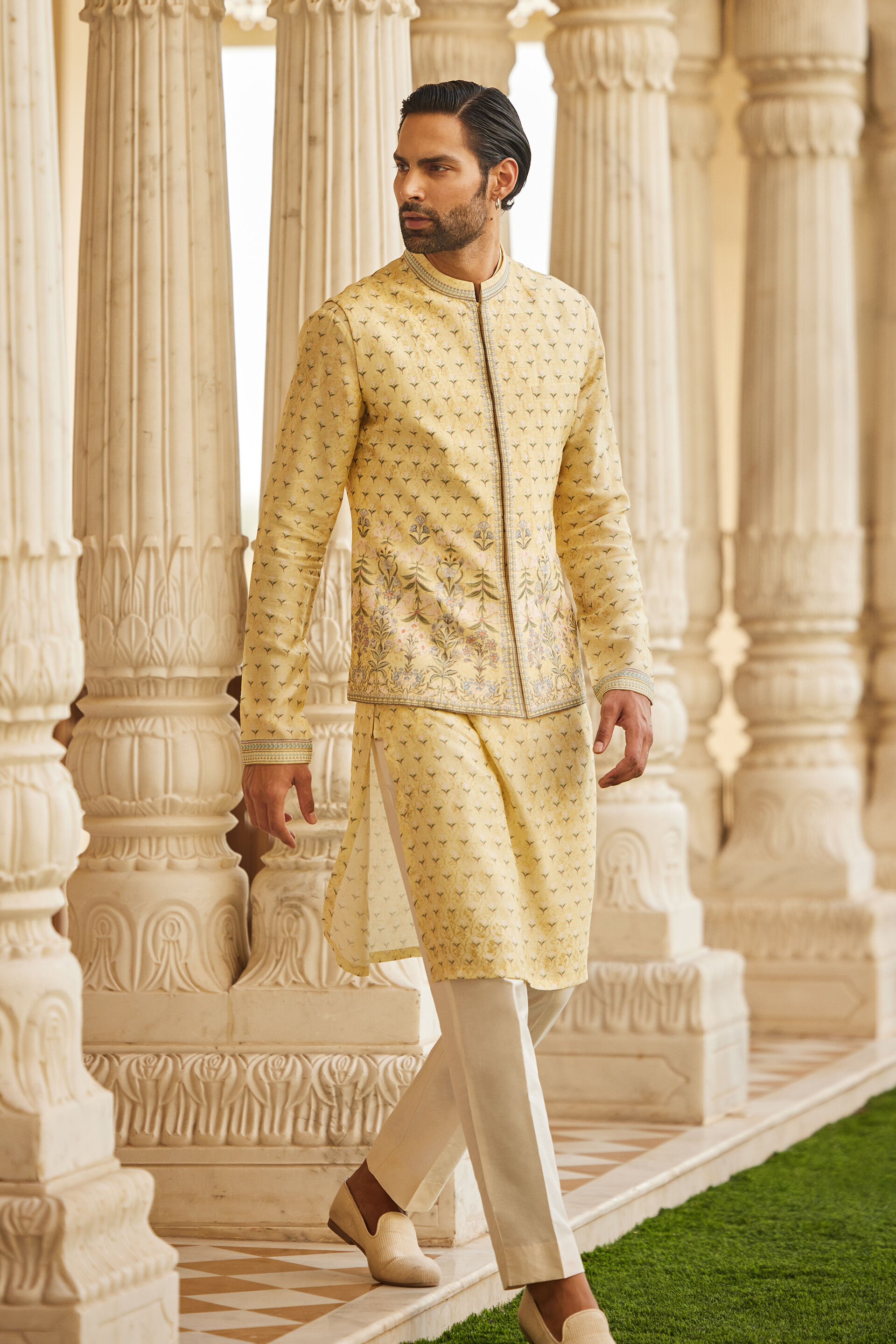 Bourag Silk Nehru Jacket - Yellow, Yellow, image 2