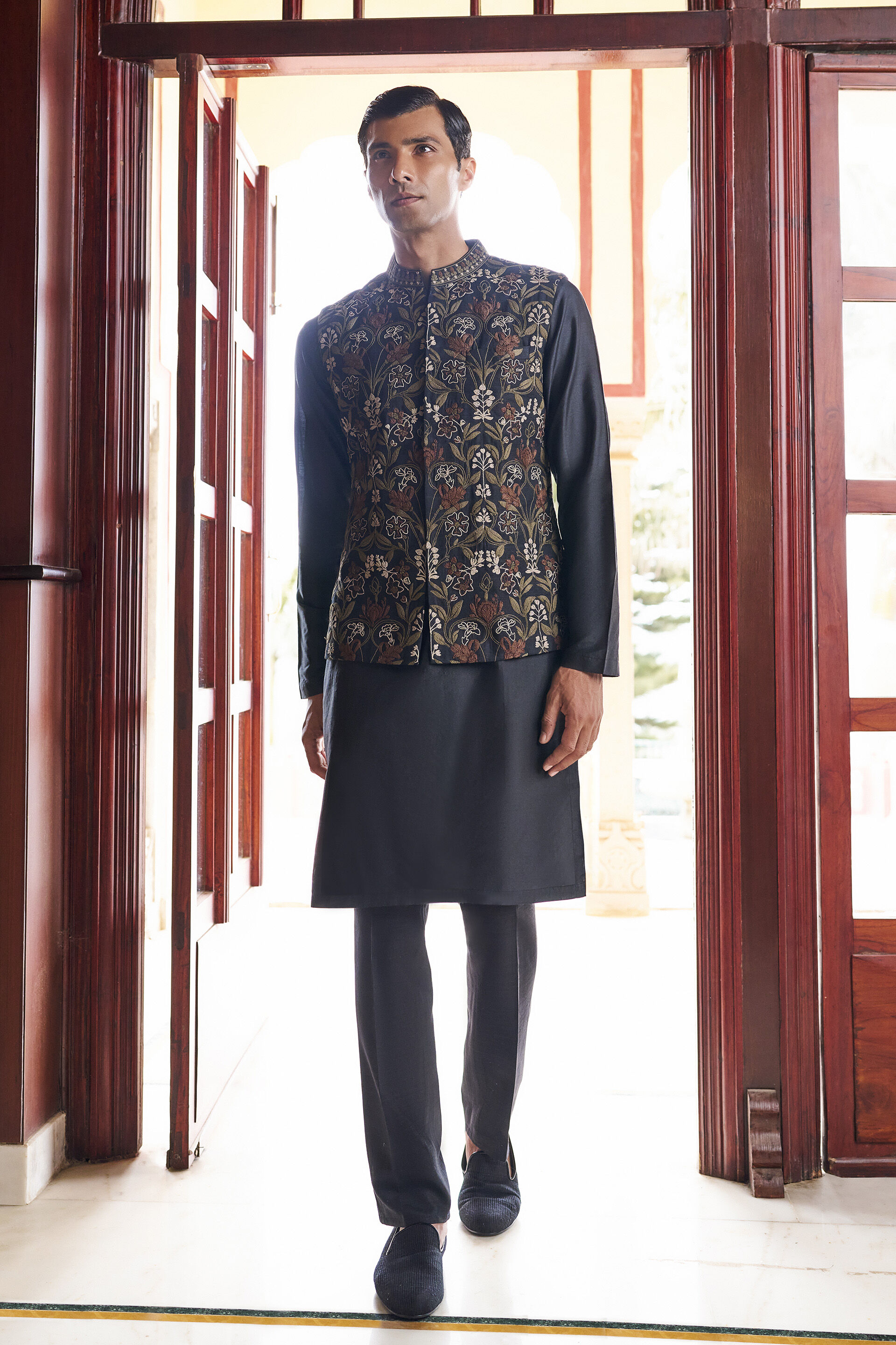 Lush Embroidered Cord Silk Nehru Jacket - Black, Black, image 1