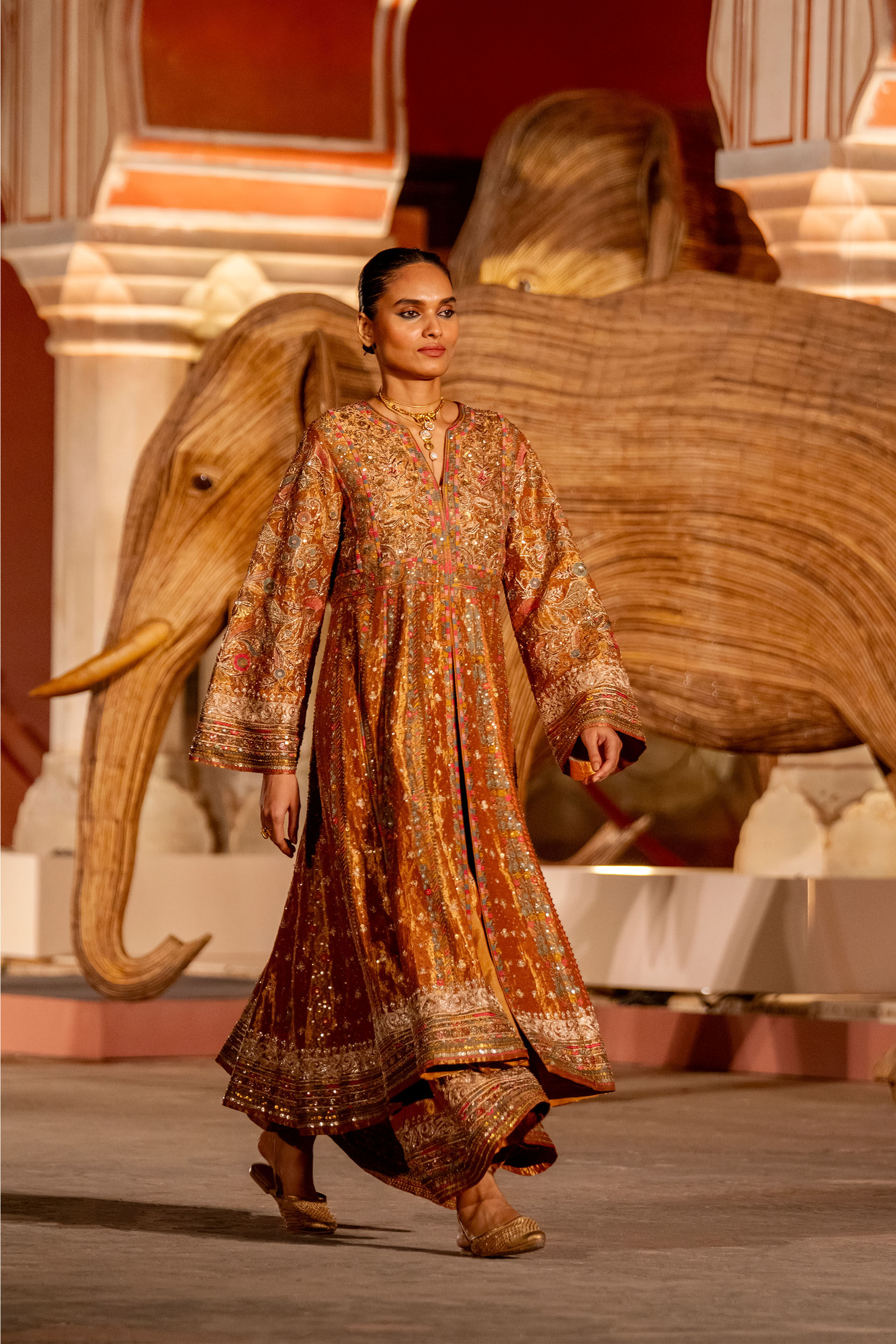 Magic Of The Gleaming Sunrays Embroidered Zardozi Sharara Set - Copper, Gold, image 11