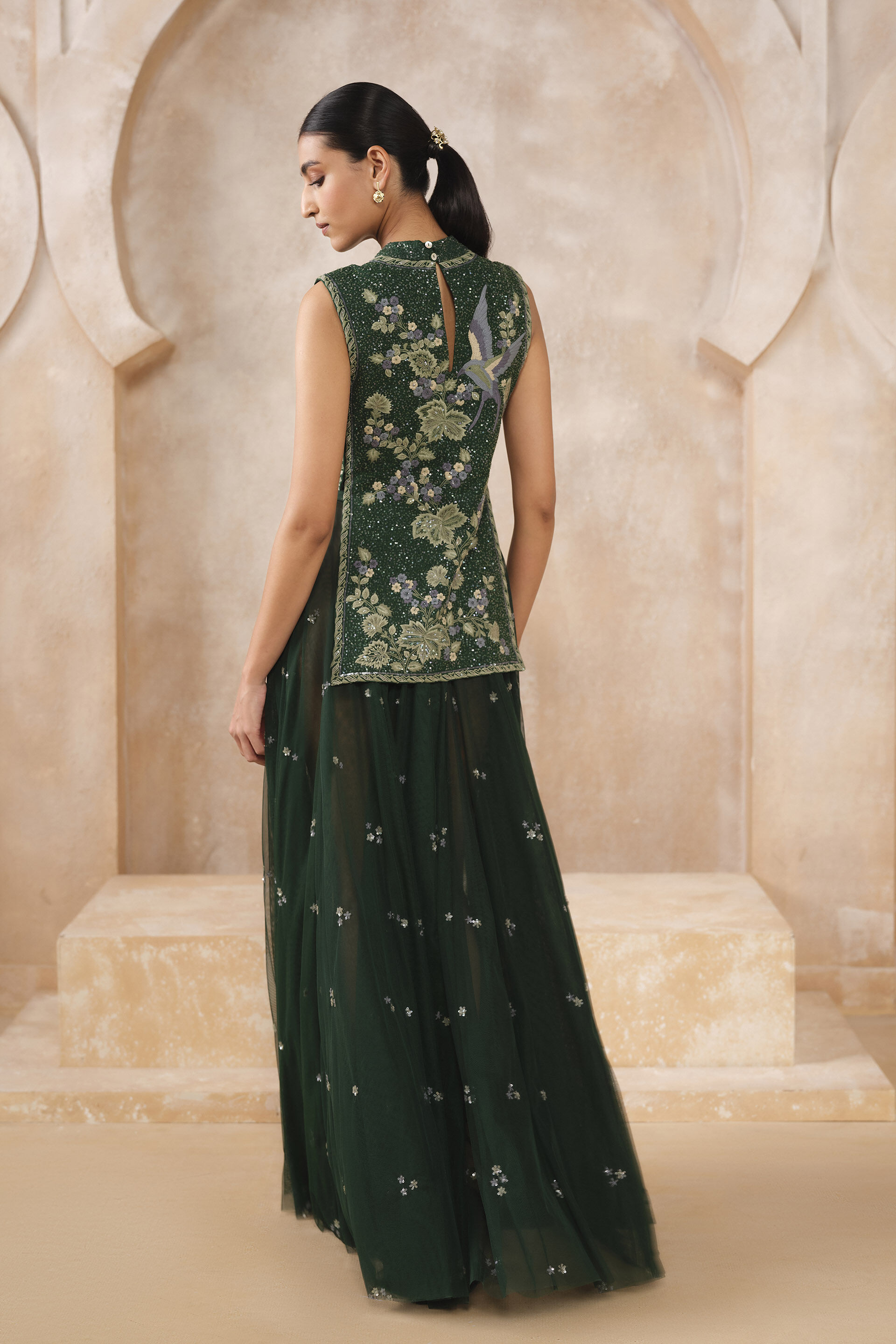 Iva Embroidered Applique Silk Skirt Set - Green