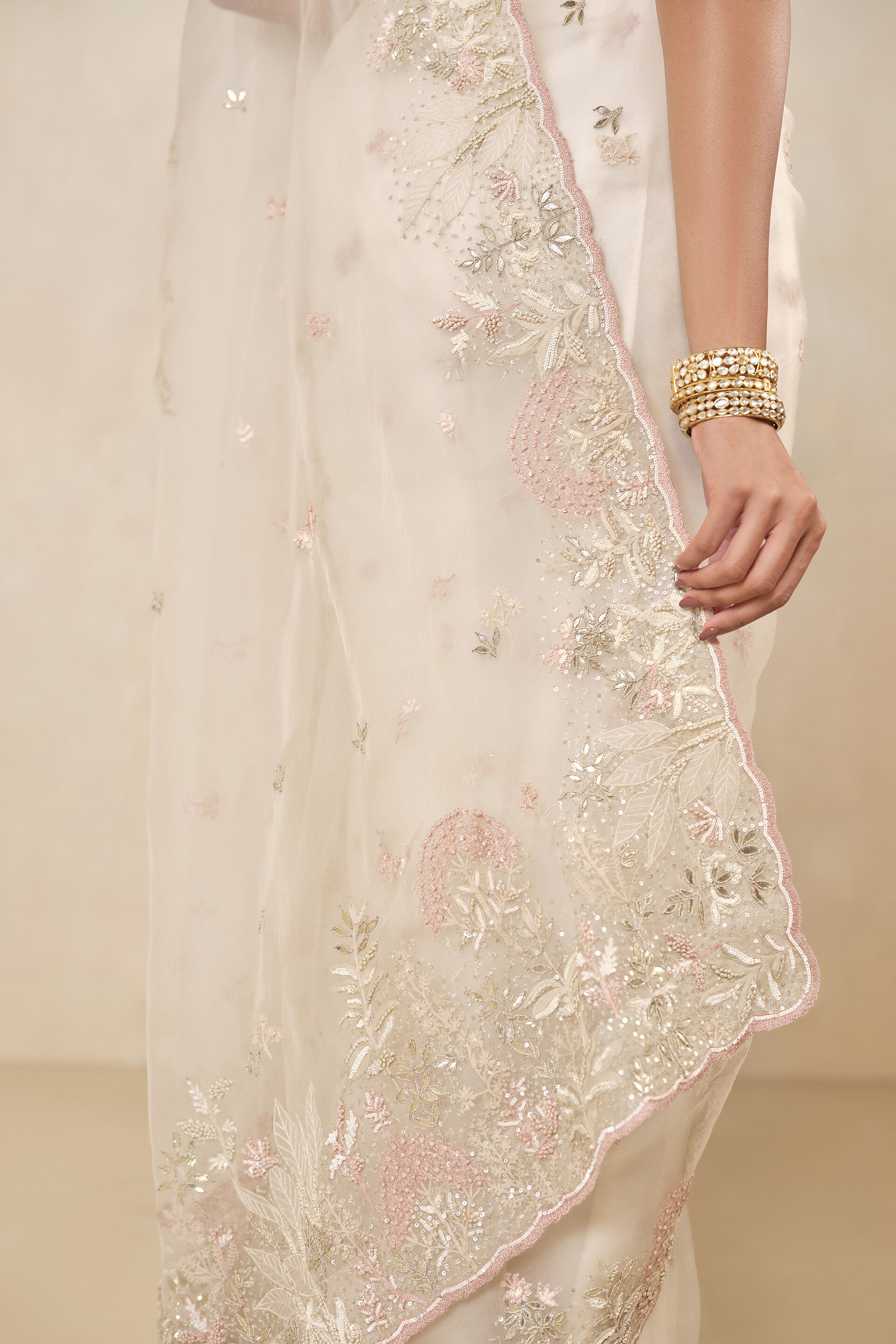 Earthbreeze Embroidered Silk Saree - Ivory, Ivory, image 5