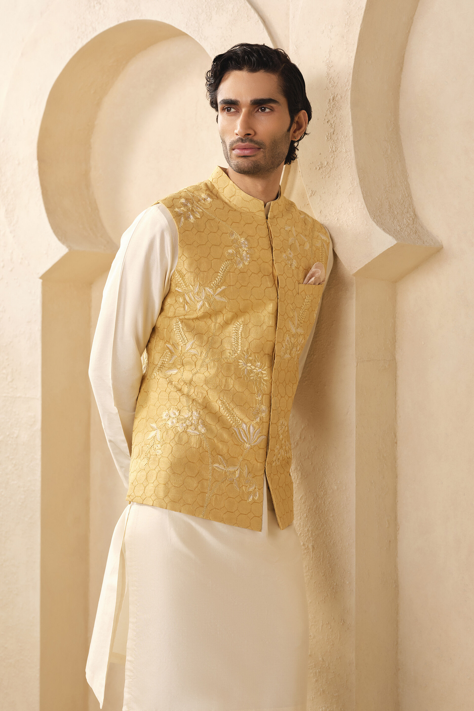 Omar Embroidered Silk Nehru Jacket - Mustard, Mustard, image 4