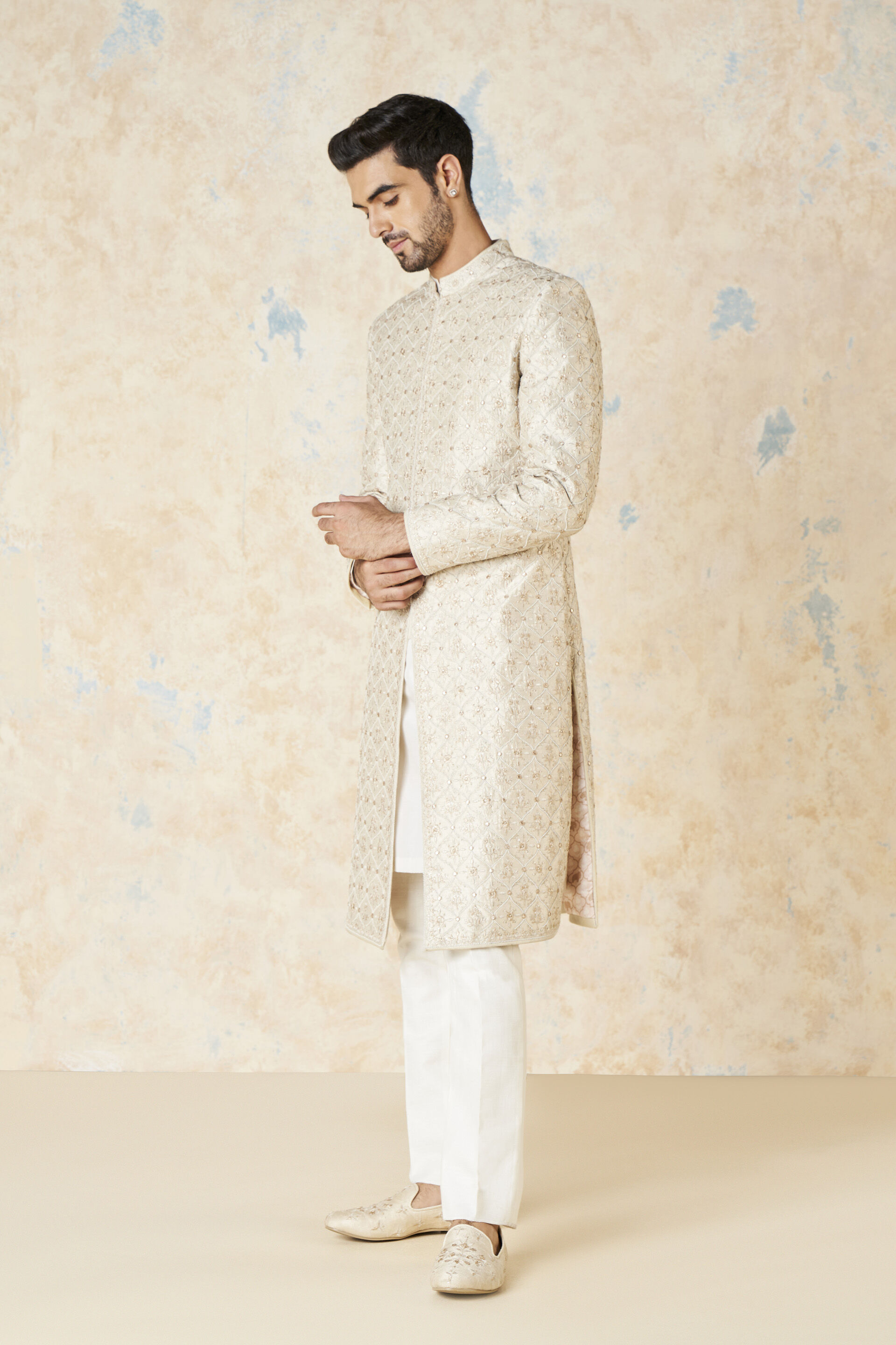Ainesh Gota Patti & Aari Silk Sherwani - Ivory
