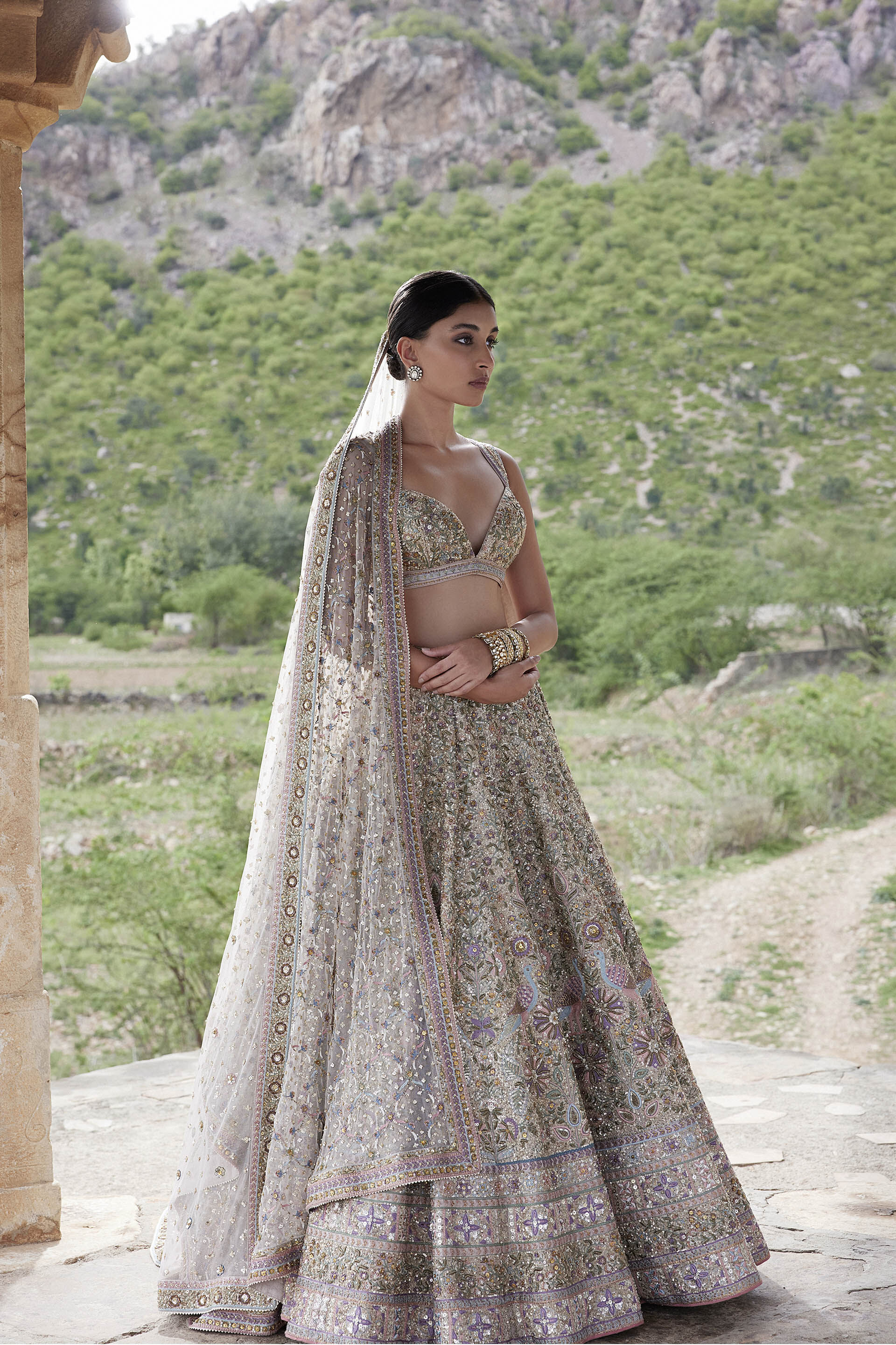 Mridhini Zardozi Resham Silk Lehenga Beige