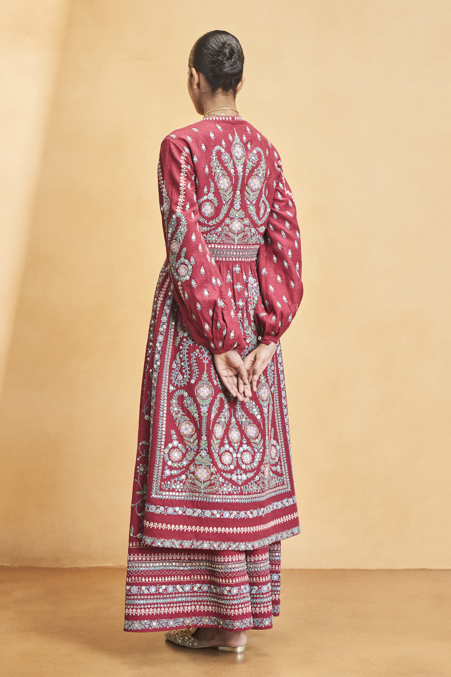 Into The Wilderness Zardozi & Cord Silk Kurta Set - Wine, Wine, image 2