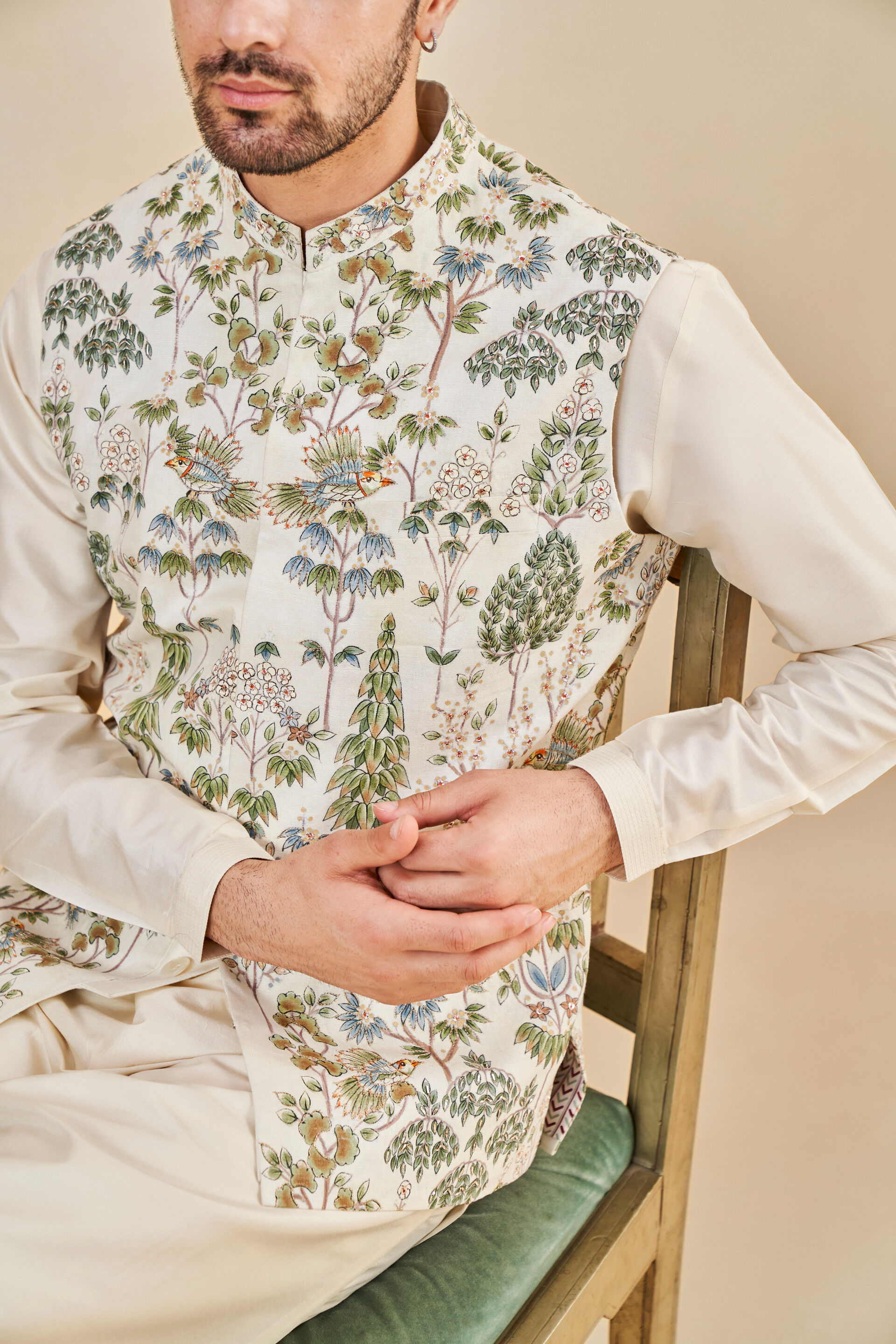 Nalesh Hand-painted Pichhwai Silk Nehru Jacket - Off White, Off White, image 5