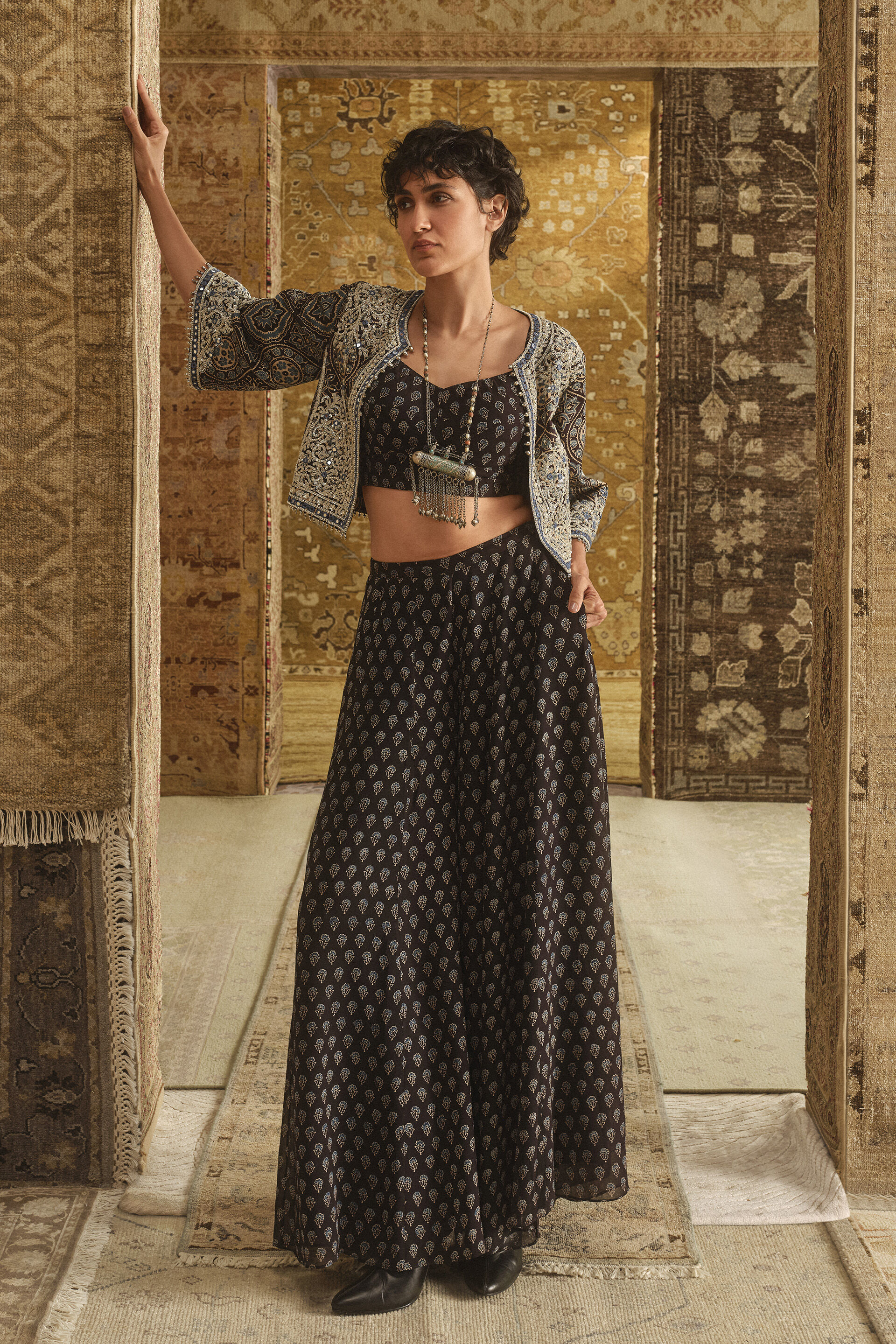 Maheyi Ajrakh Hand-block Printed Jacket Set - Black
