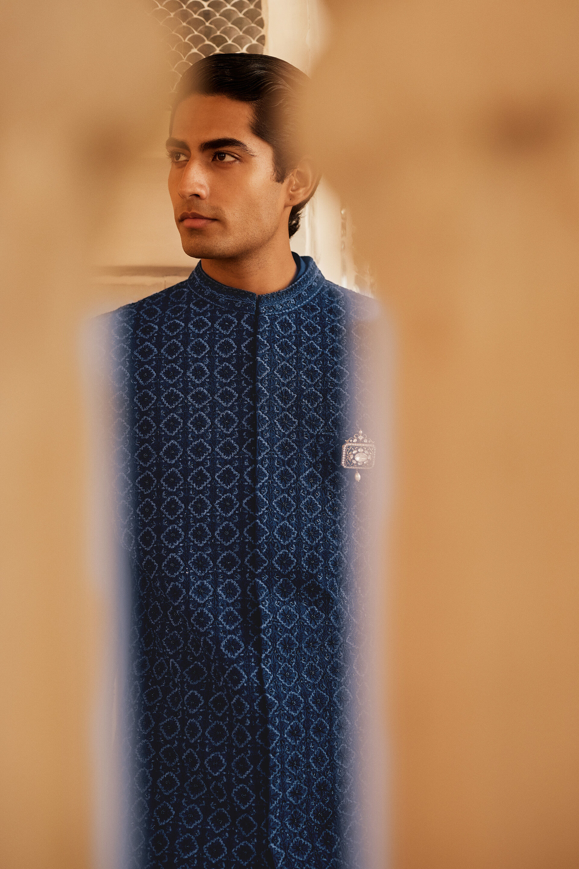 Javaid Embroidered Silk Sherwani - Navy, Navy, image 4