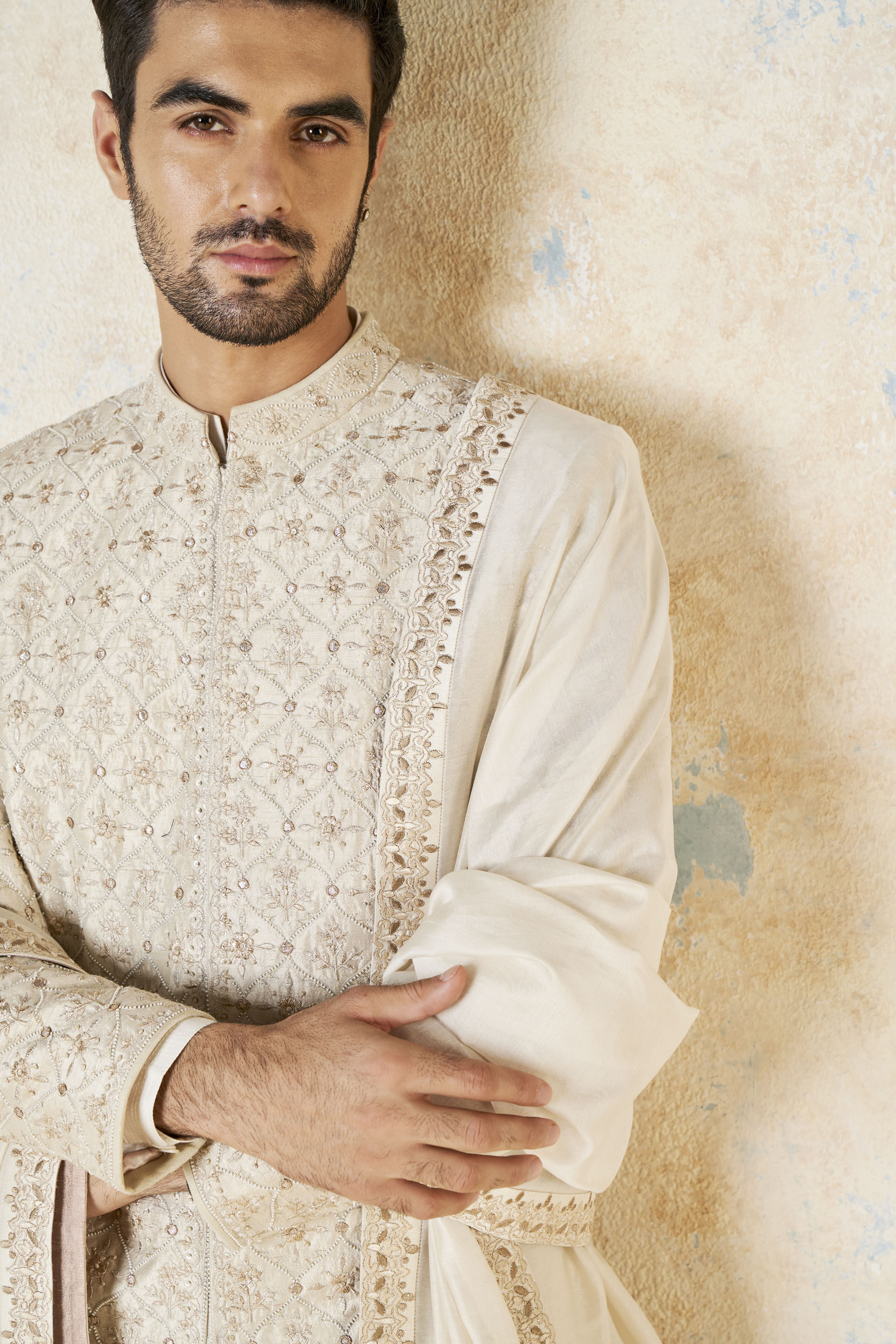 Ainesh Gota Patti & Aari Silk Sherwani - Ivory, Ivory, image 7