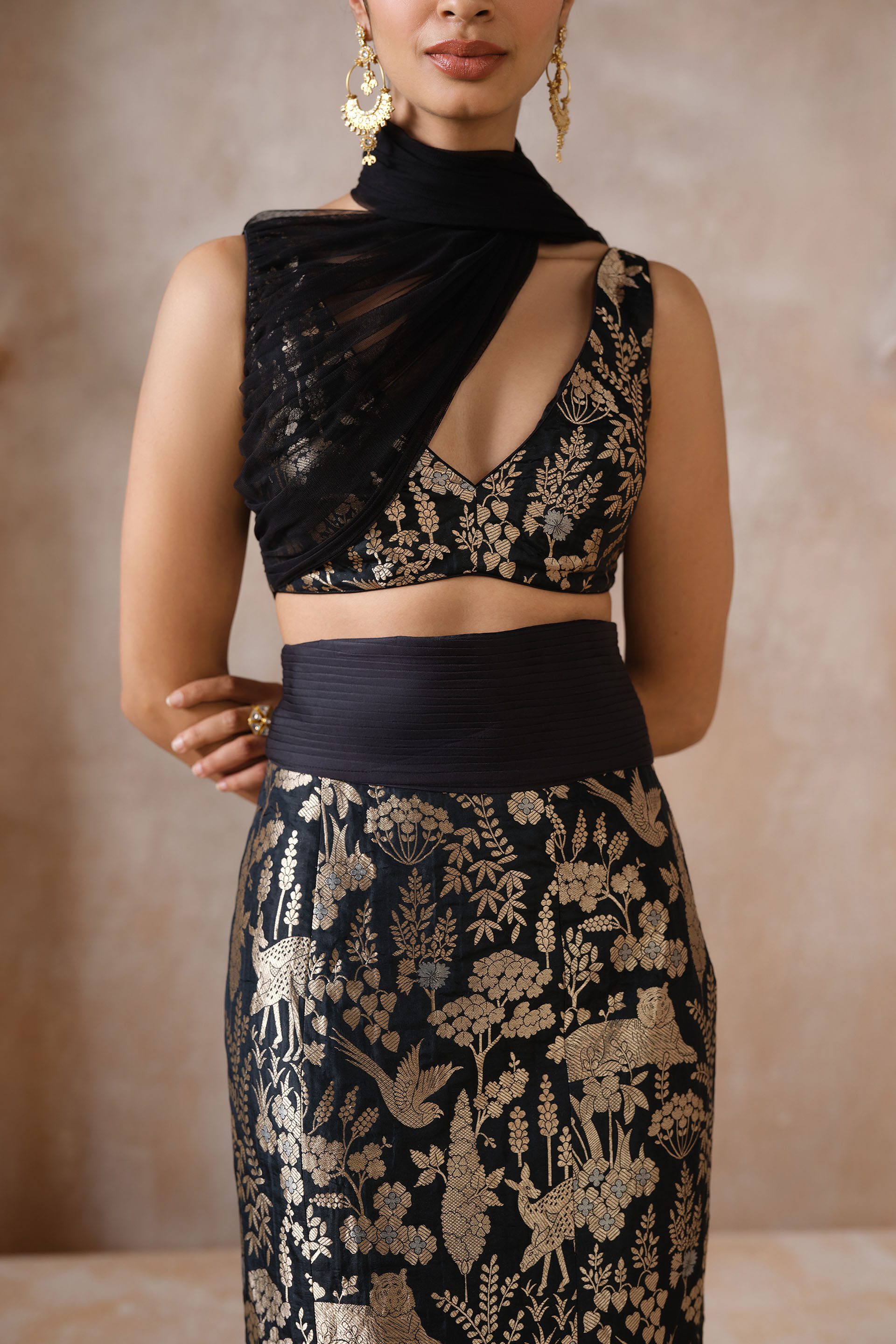 Masara Handwoven Benarasi Silk Draped Dupatta Set - Black, Black, image 4