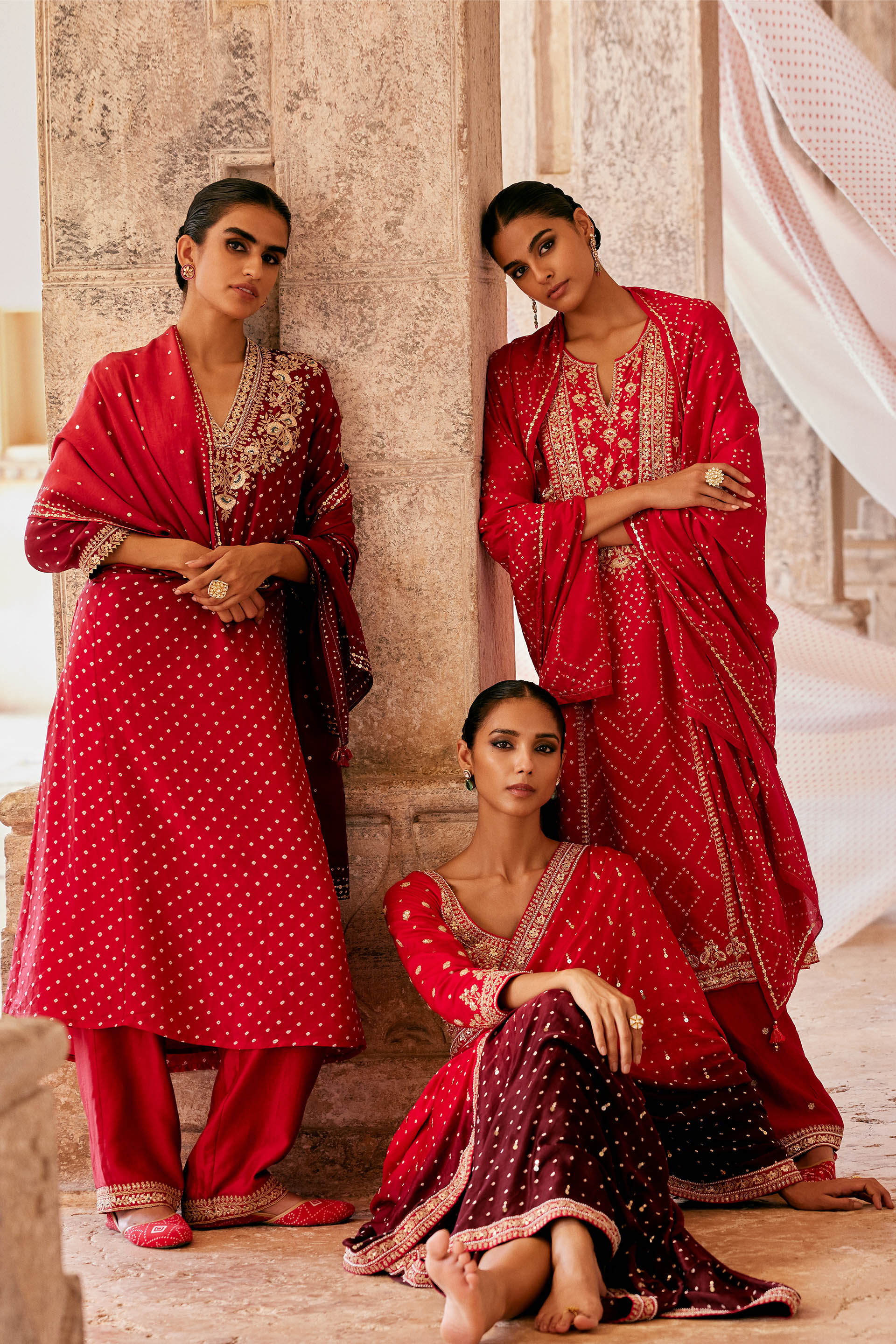Cinnabar Handcrafted Bandhani Silk Suit Set Red