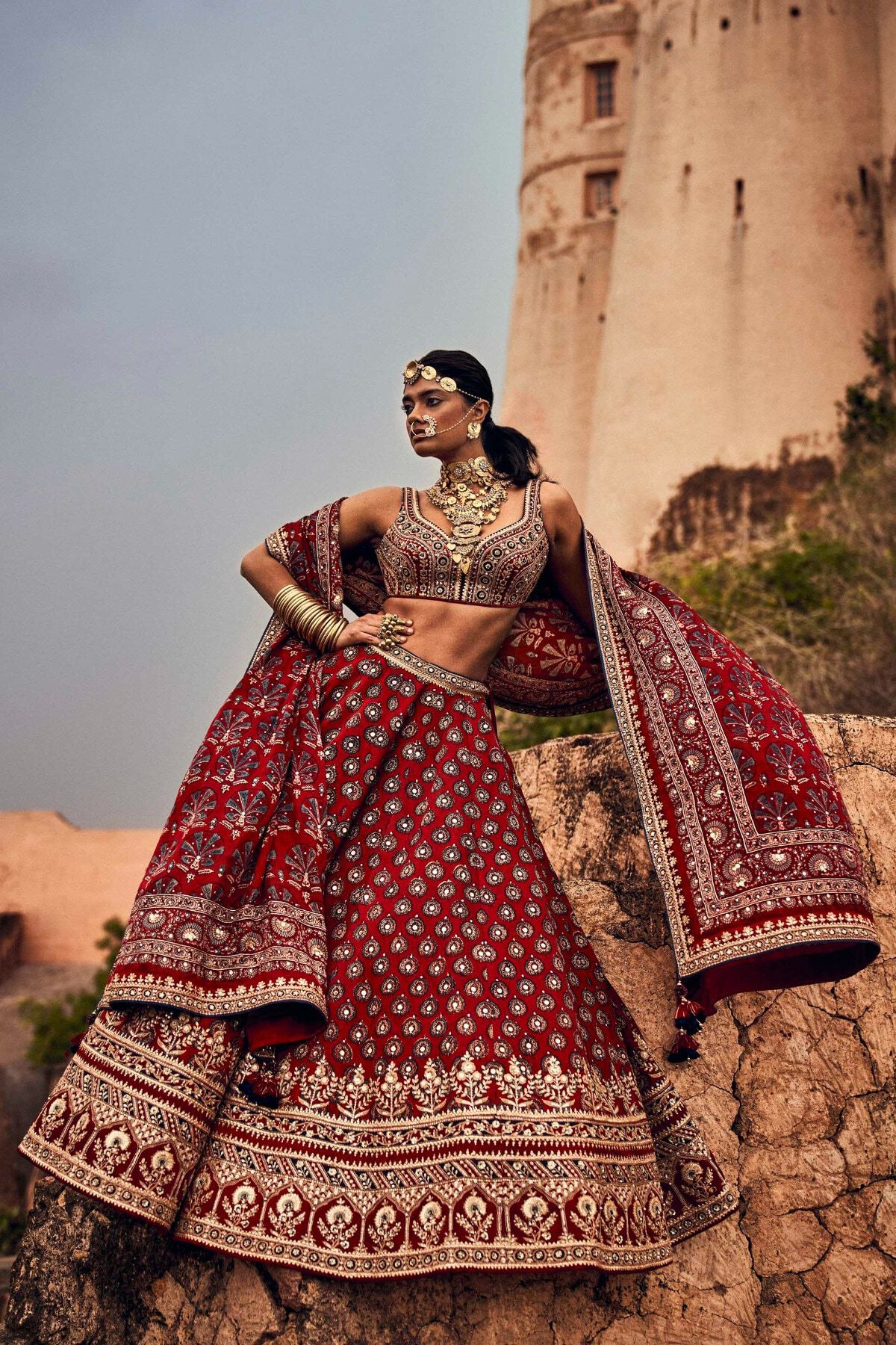 Buy Bridal Laukya Ajarakh Lehenga Set Red Online from Anita Dongre