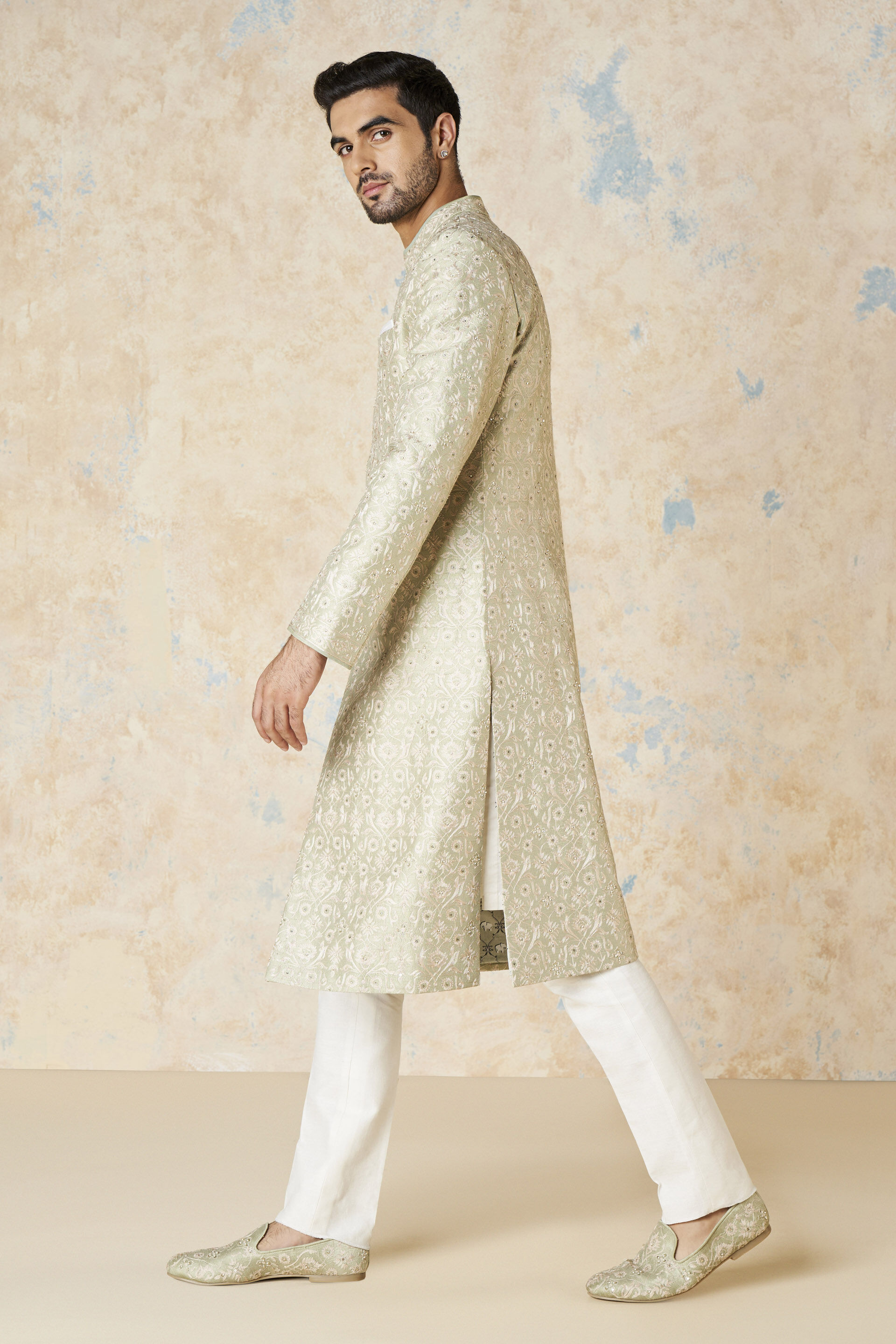 Aajay Zardozi & Aari Silk Sherwani - Sage, Sage, image 4