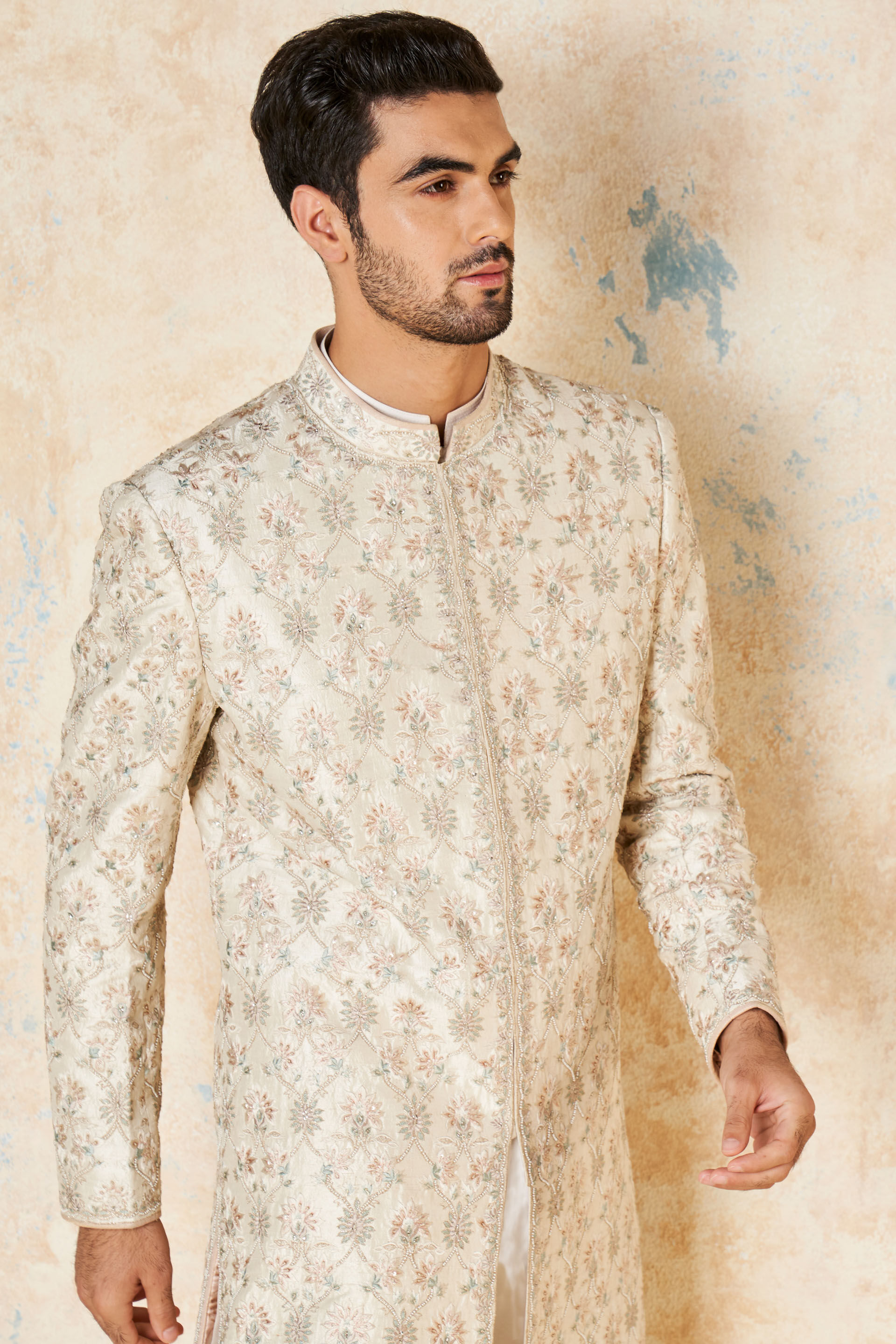 Aasvik Embroidered Silk Sherwani - Ivory, Ivory, image 5