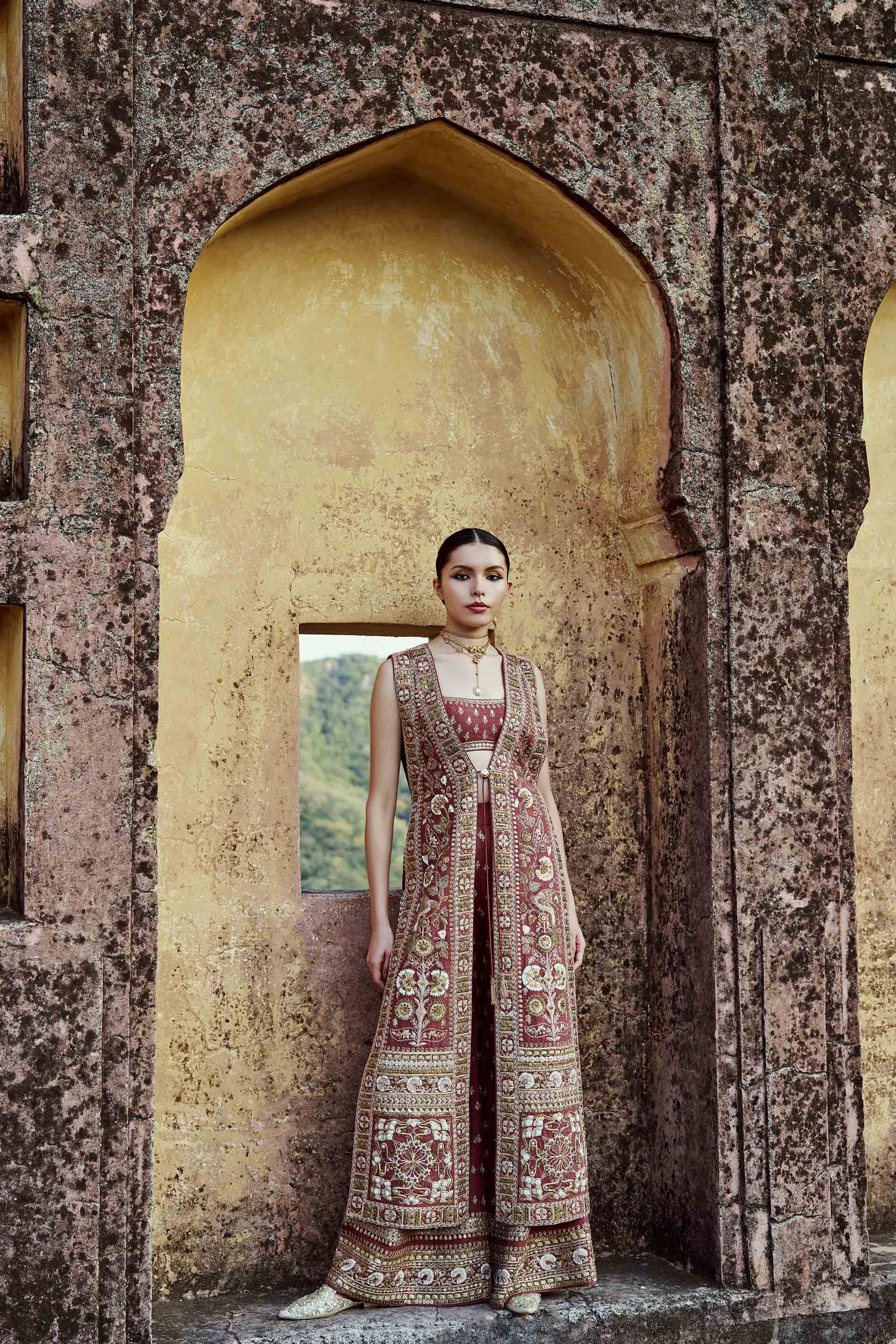 Songs Of Harmony Zardozi & Embroidered Cord Silk Set - Brown, Brown, image 1