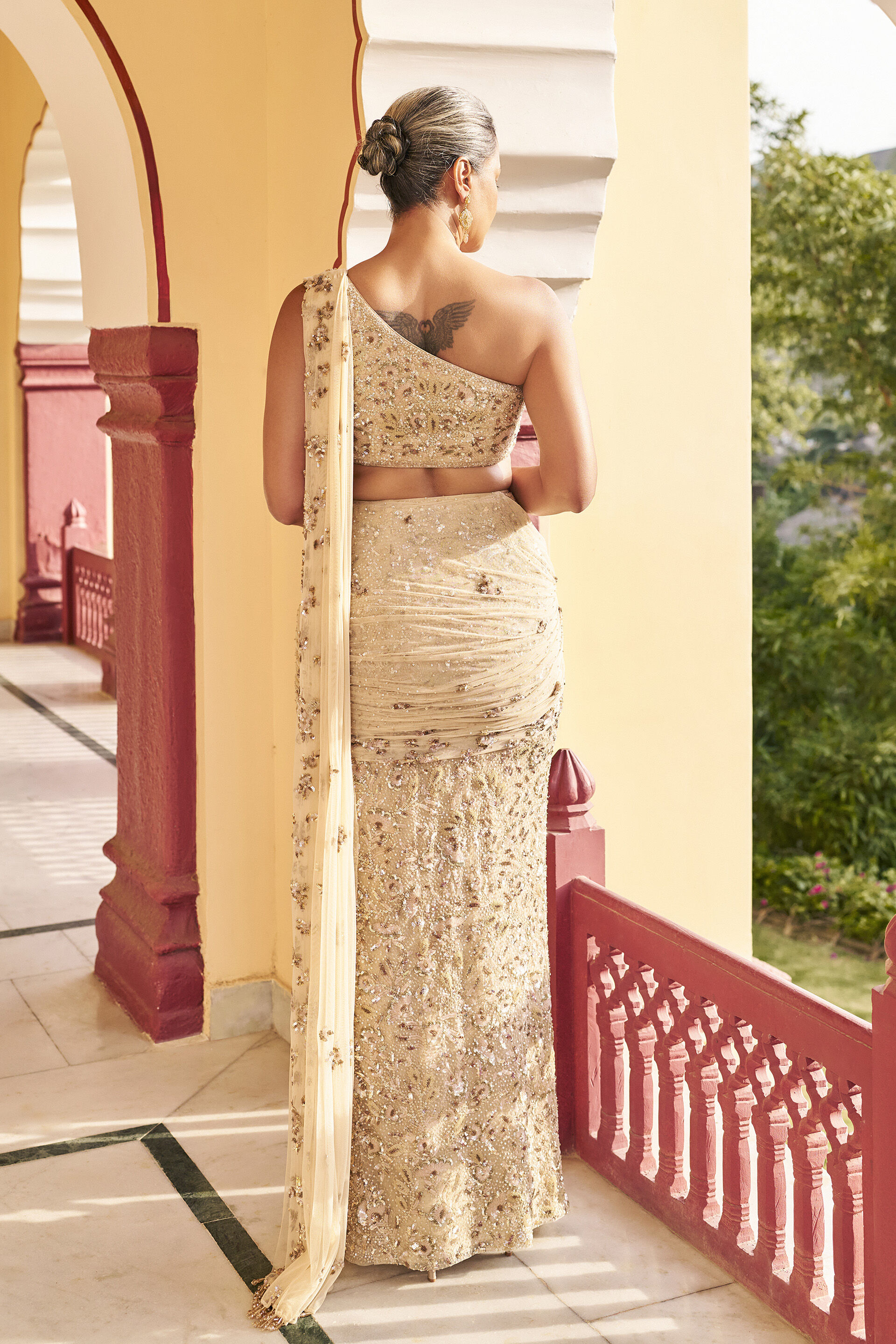 Keepsake Embroidered Pre-draped Saree - ​Beige