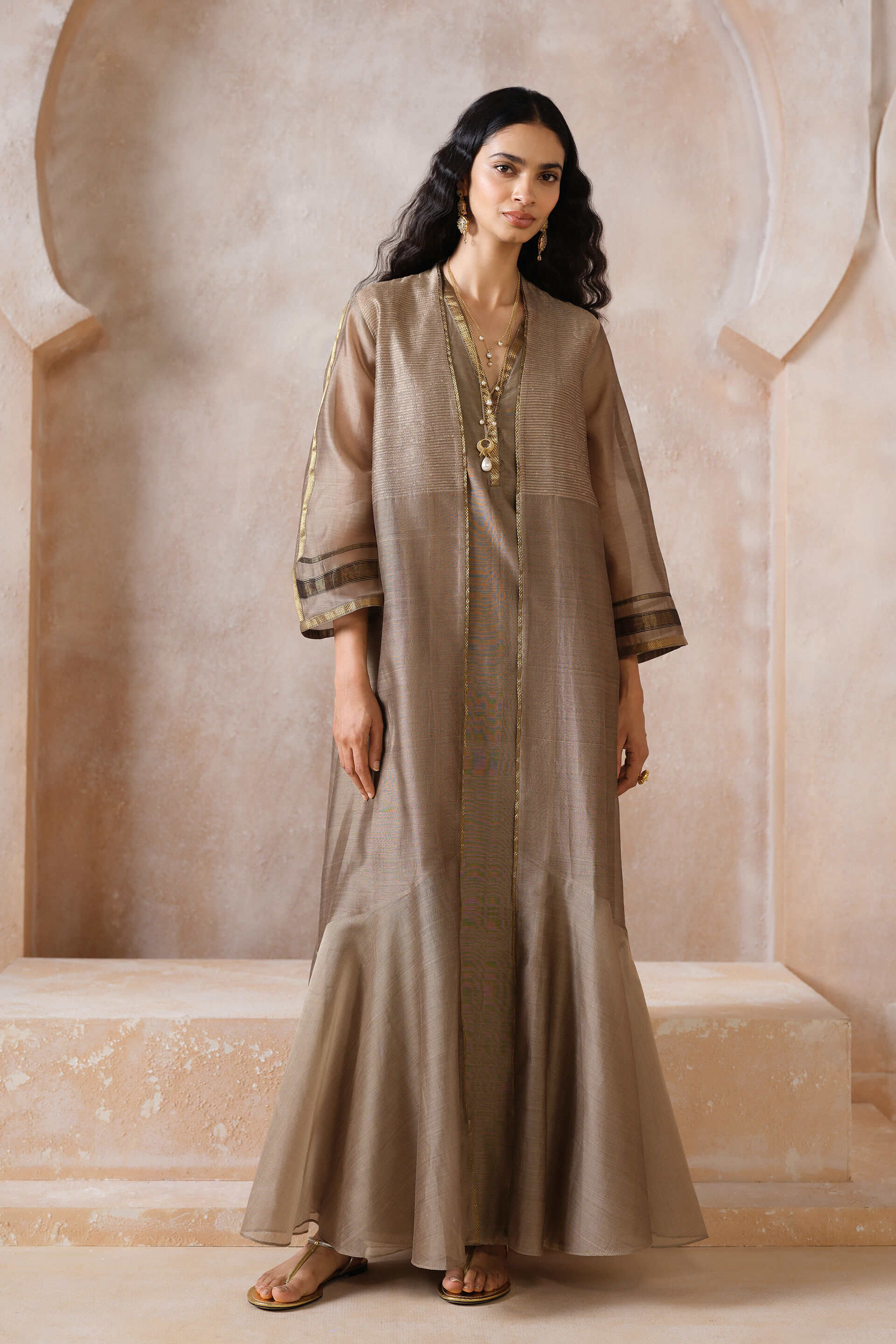 Glyn Handwoven Maheshwari Jacket Set - Khaki