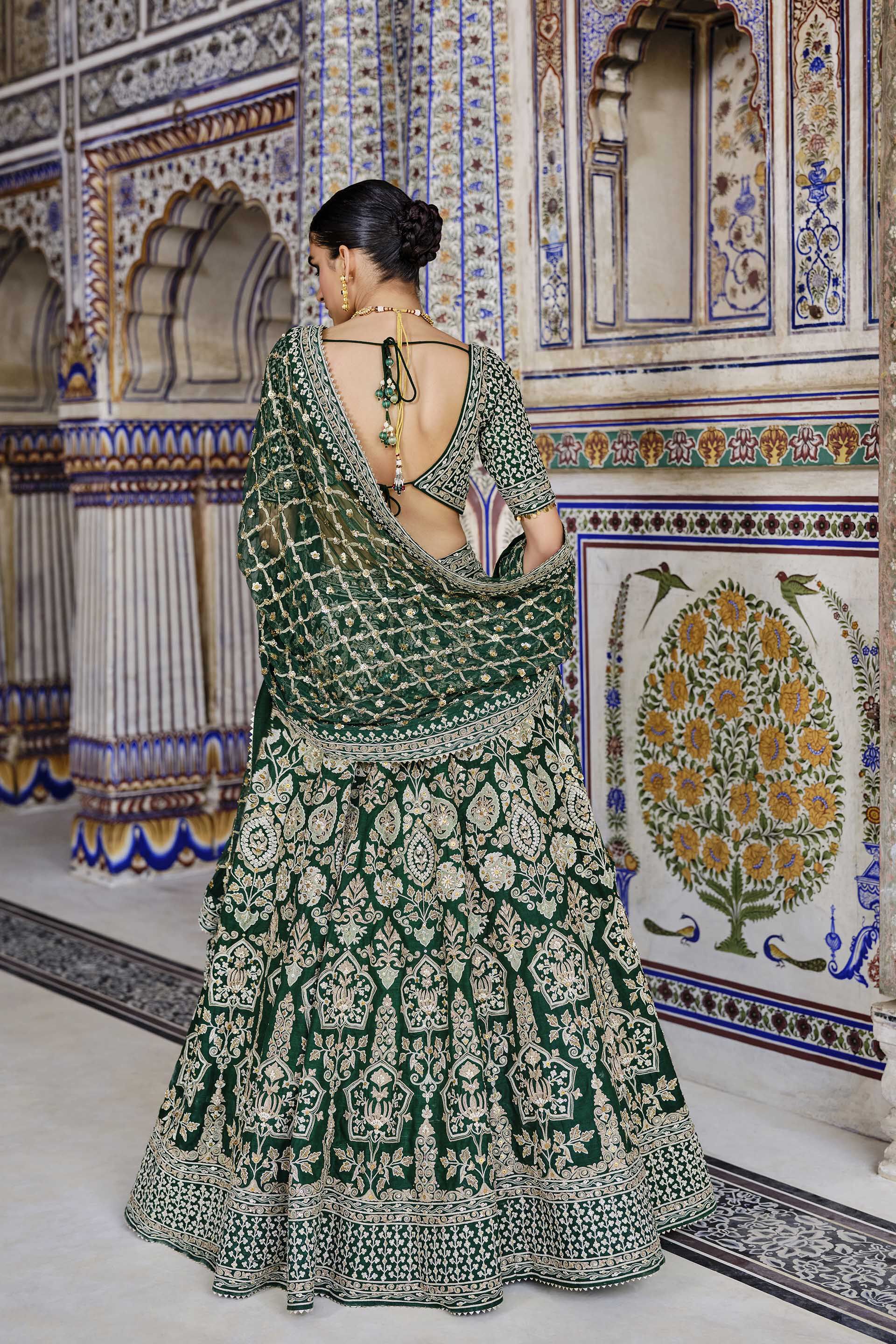 Sylvan Embroidered Zardozi Silk Lehenga Set - Green