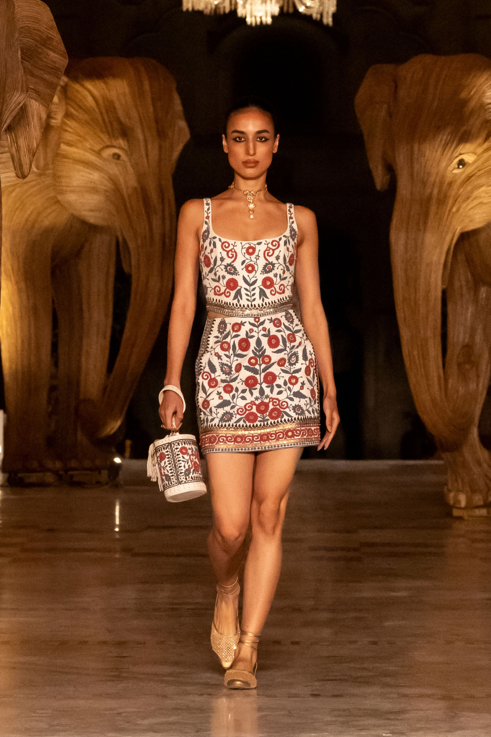 Floral Paradise Embroidered Cord Silk Skirt Set - Cream, Cream, image 3