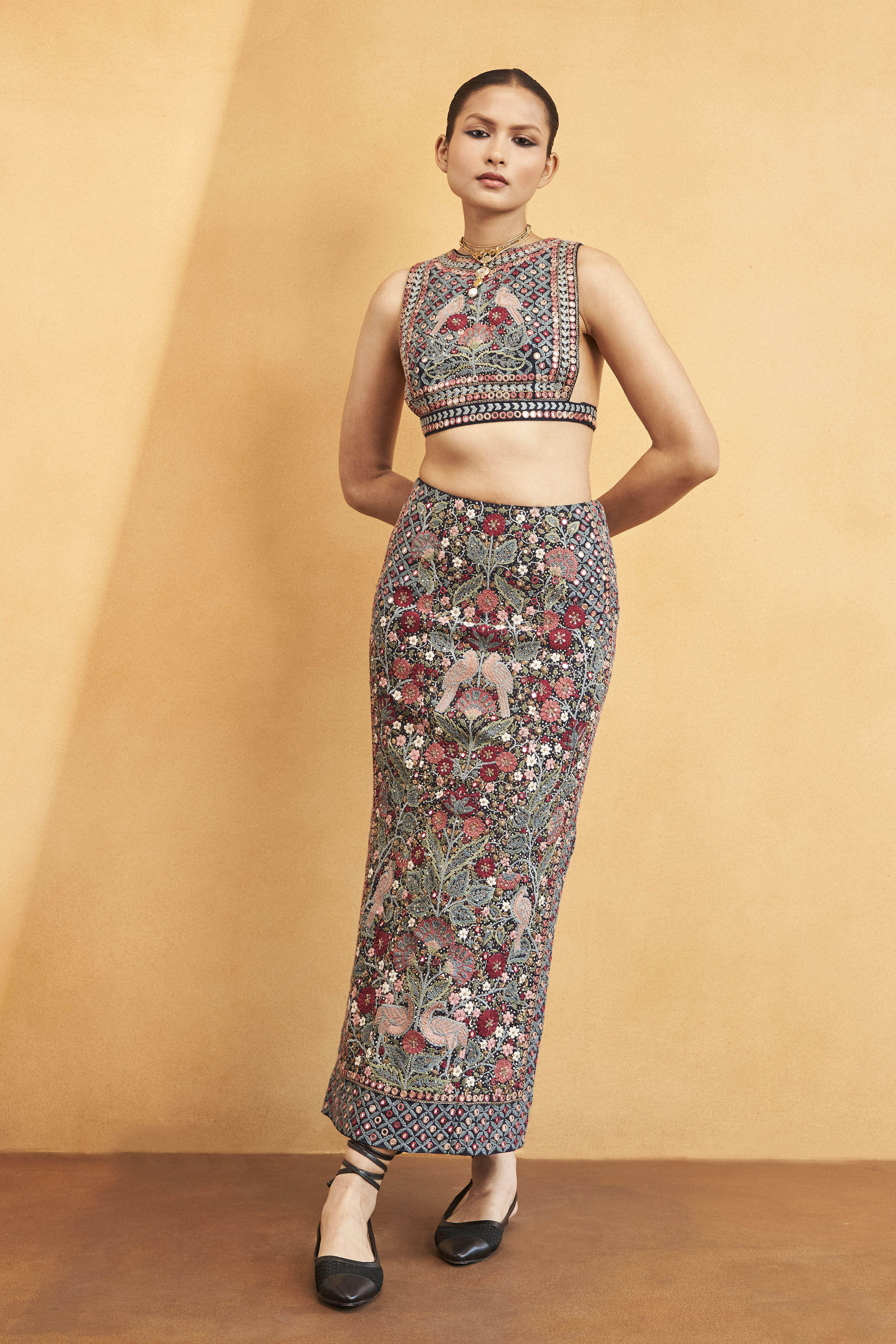 Symphony Of The Wilderness Zardozi & Mirror Embroidered Silk Skirt Set - Blue, Blue, image 3