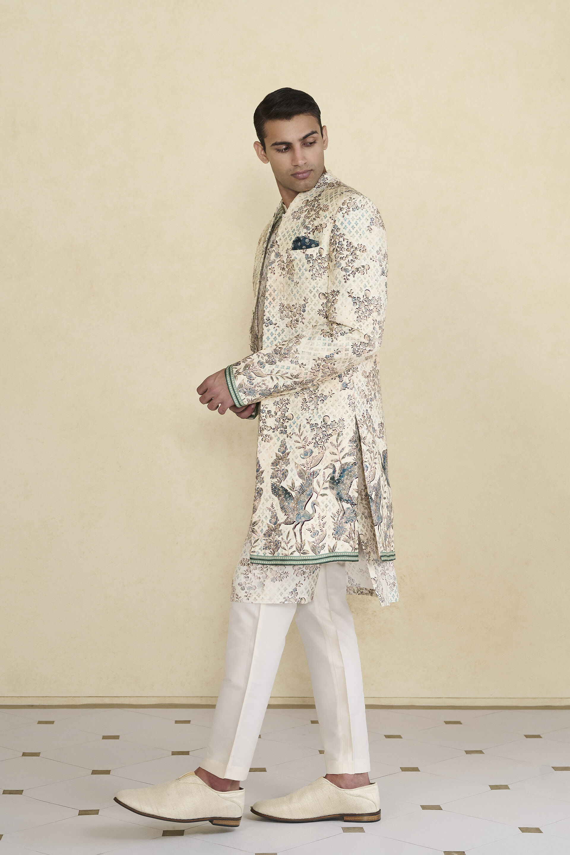 Rukham Printed Silk Sherwani - Ivory, Ivory, image 6