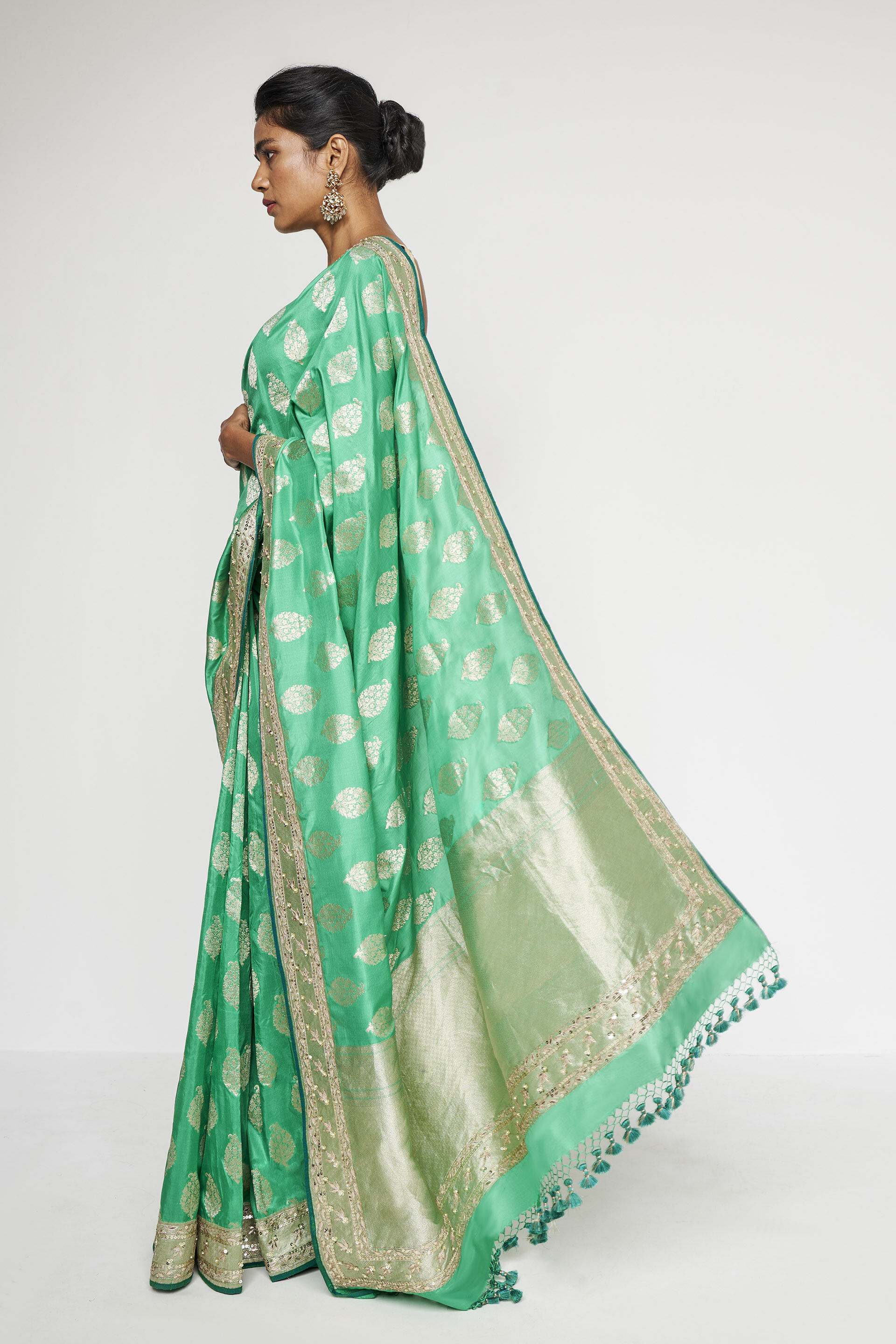 Adaj Benarasi Saree - Green, Green, image 2