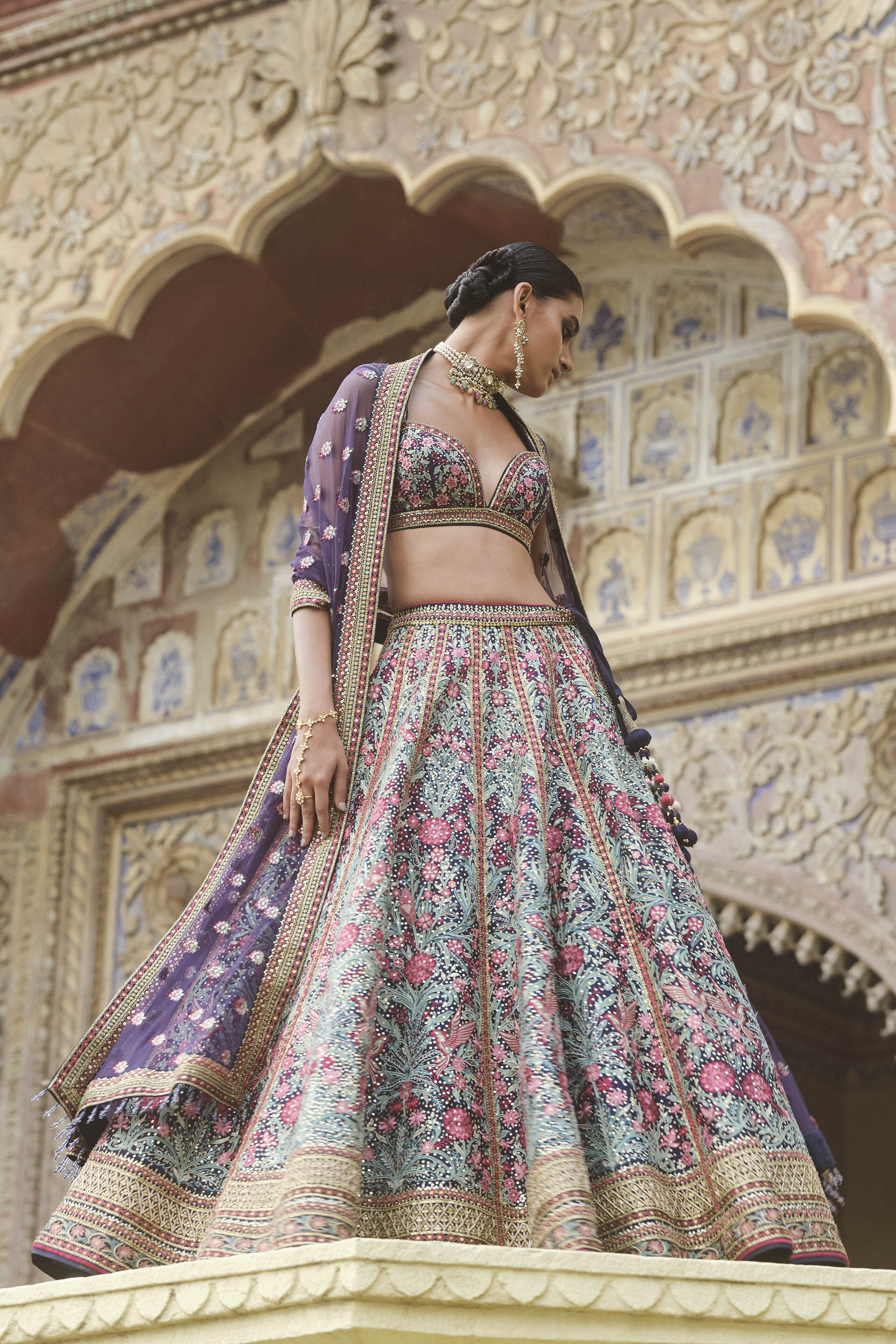 Toyam Embroidered Zardozi Silk Lehenga Set - Blue