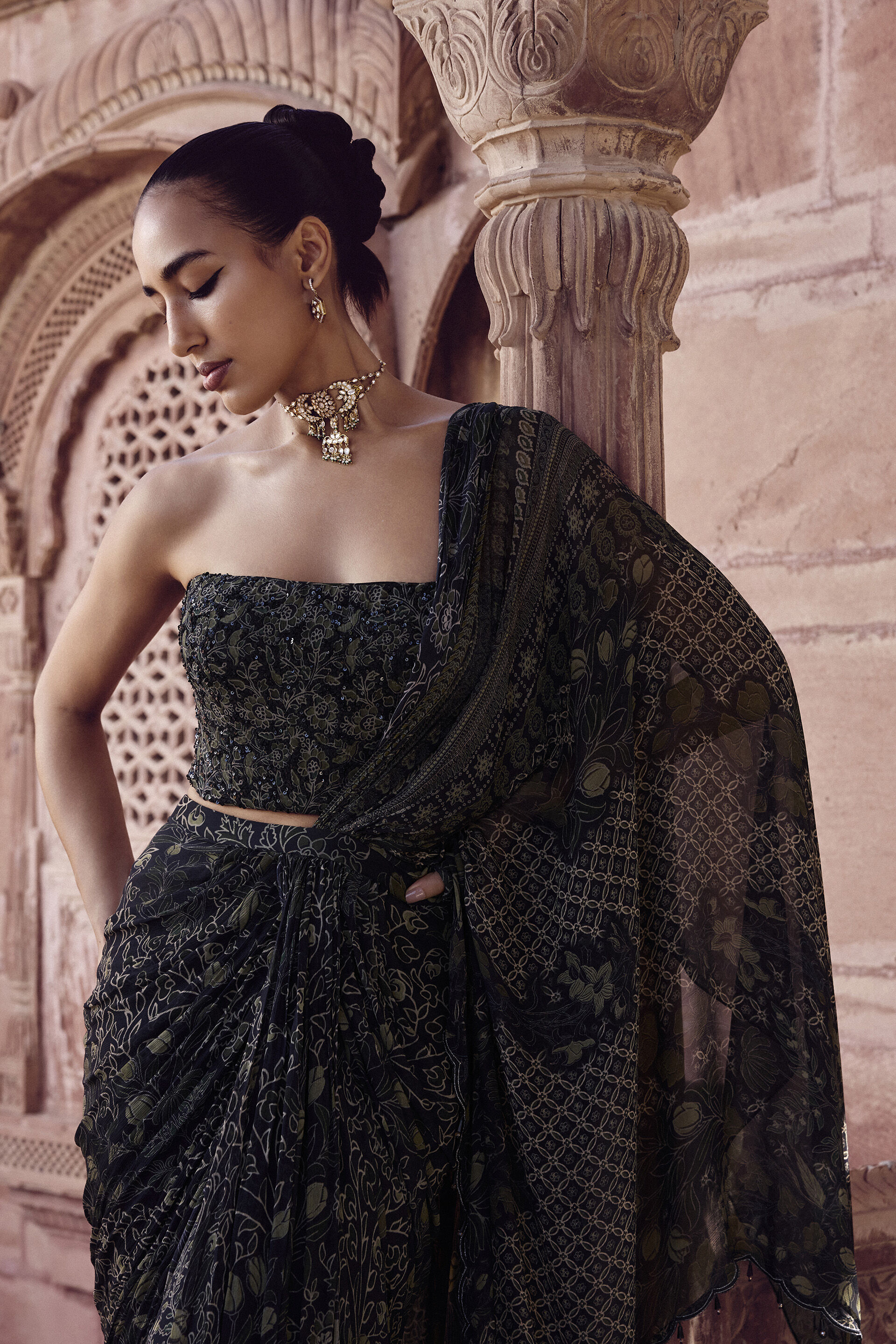 Ryka Sequin Chiffon Pre-draped Saree - Black, Black, image 4