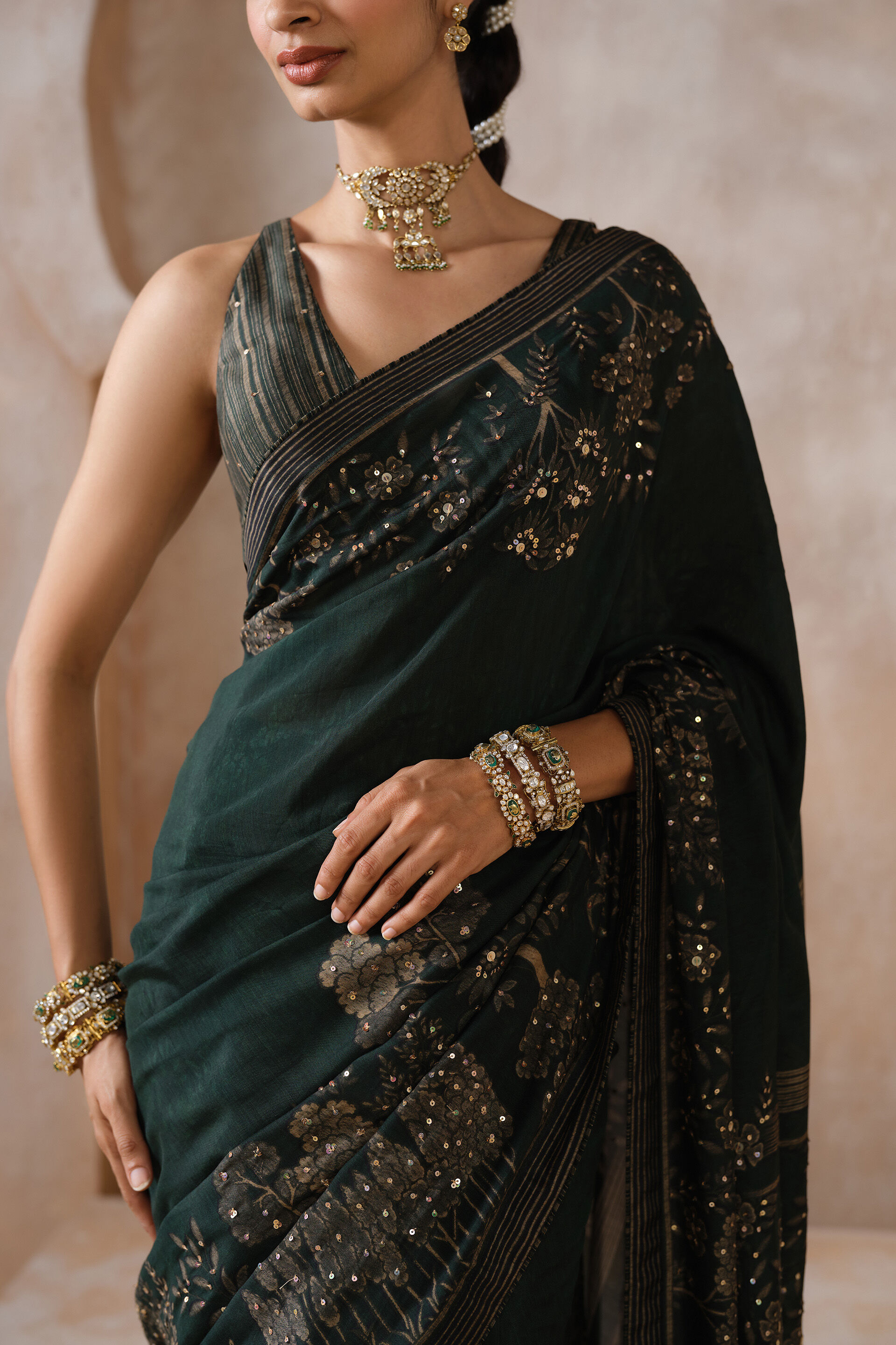 Anaiza Sequin Chiffon Saree, Green, image 5