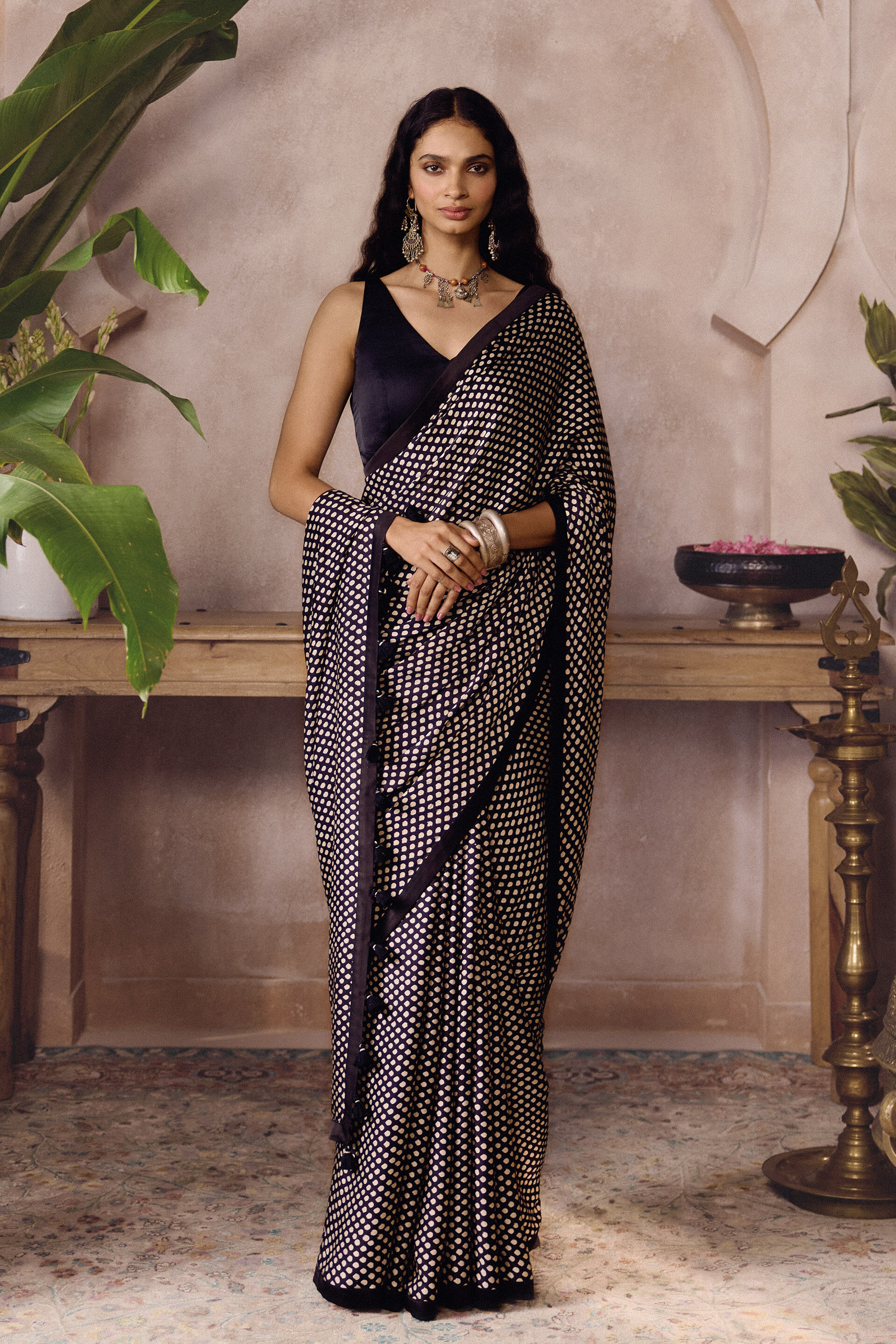 Lyoko Ajrakh Hand-block Printed Saree - Black
