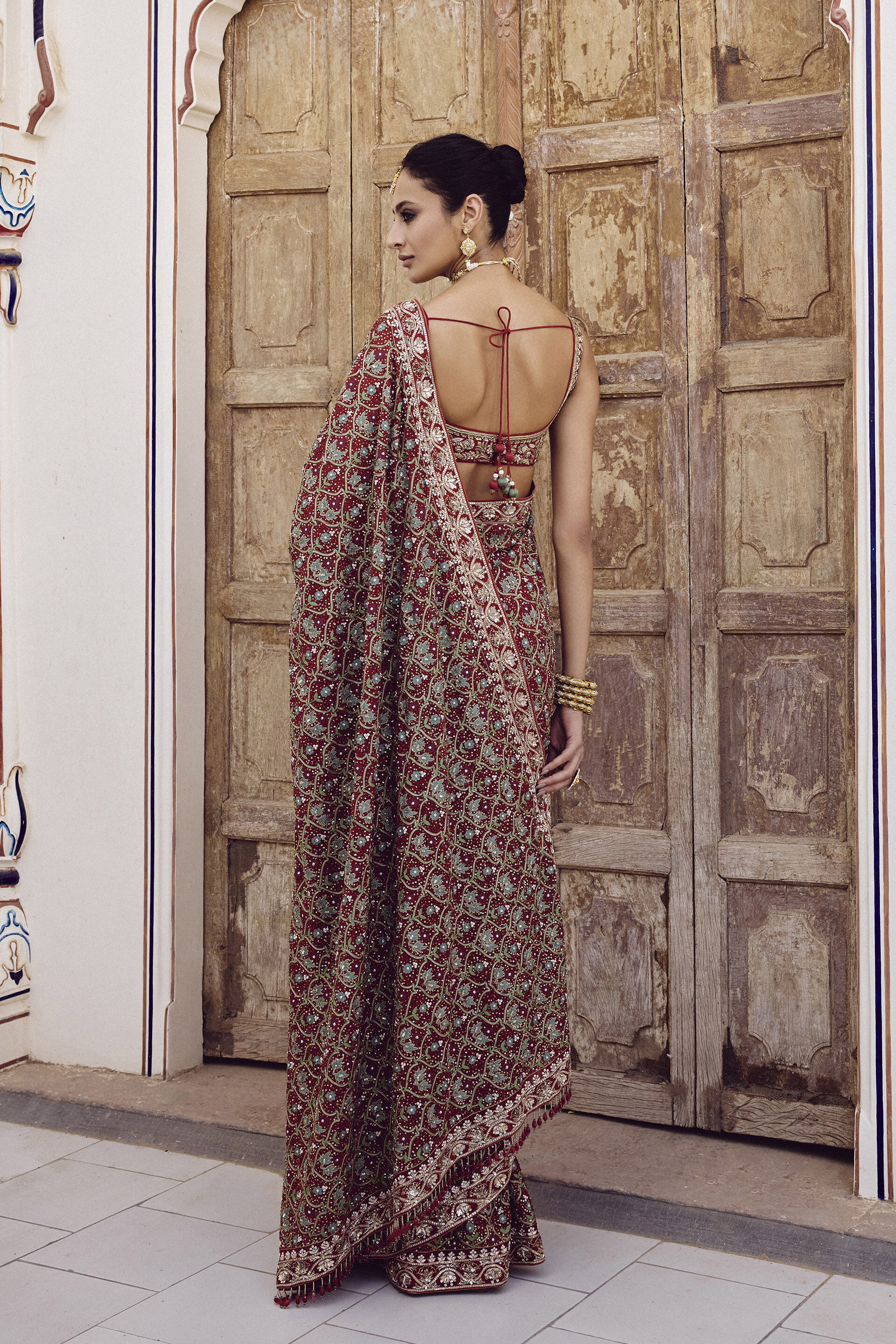 Azmah Embroidered Georgette Saree - Red