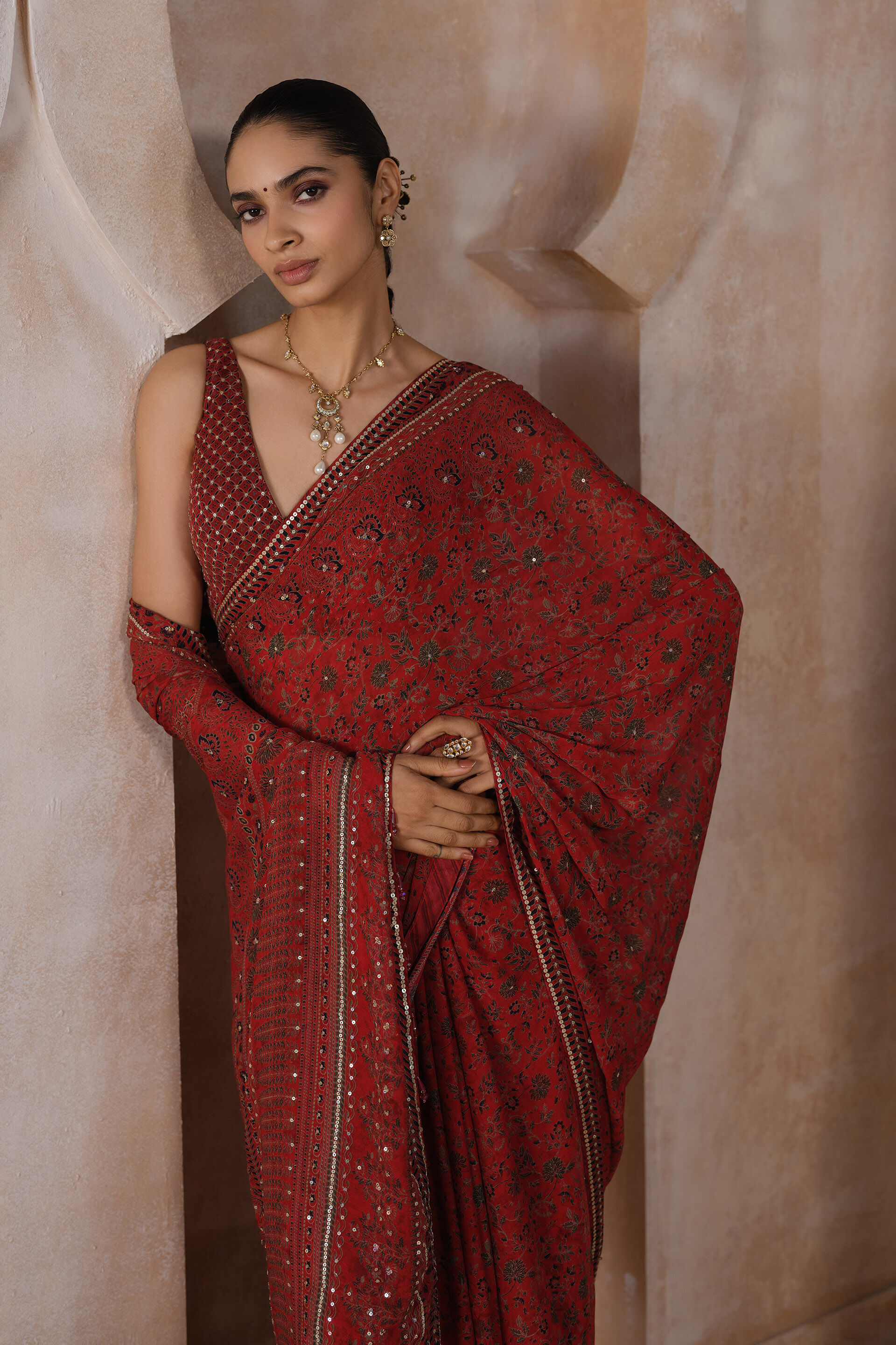 Alouette Chiffon Saree - Red, Red, image 4