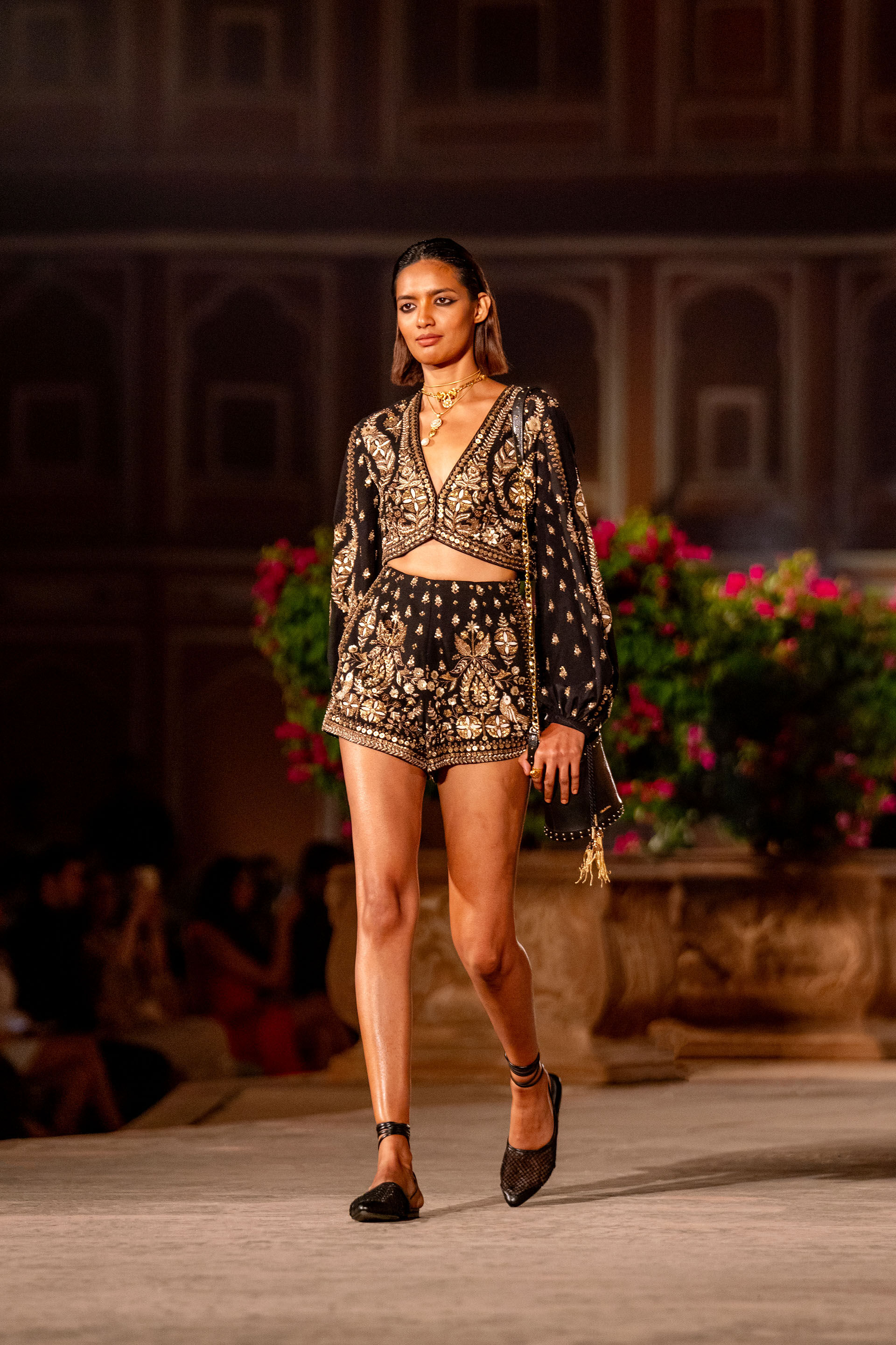 Into The Wilderness Embroidered Zardozi Silk Shorts Set - Black, Black, image 3