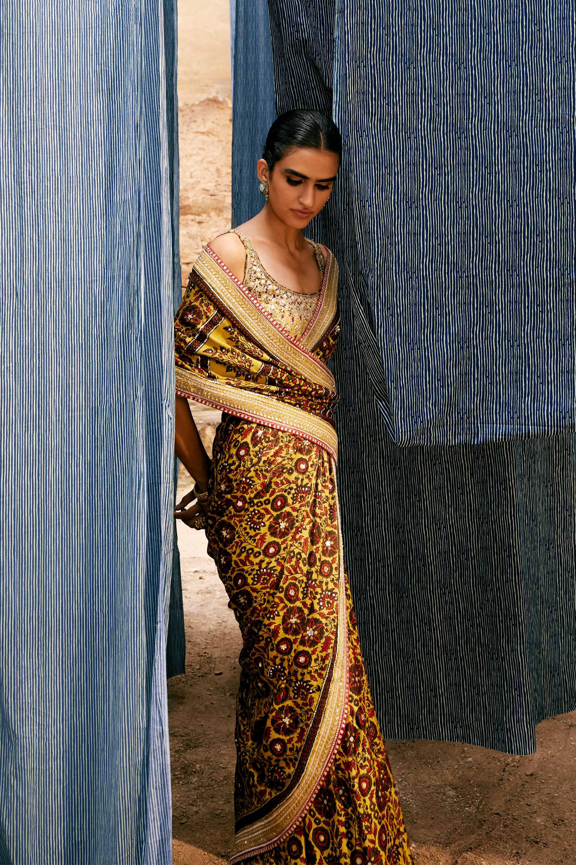 Kasano Ajrakh Hand-block Printed Silk Saree - Mustard, Mustard, image 9